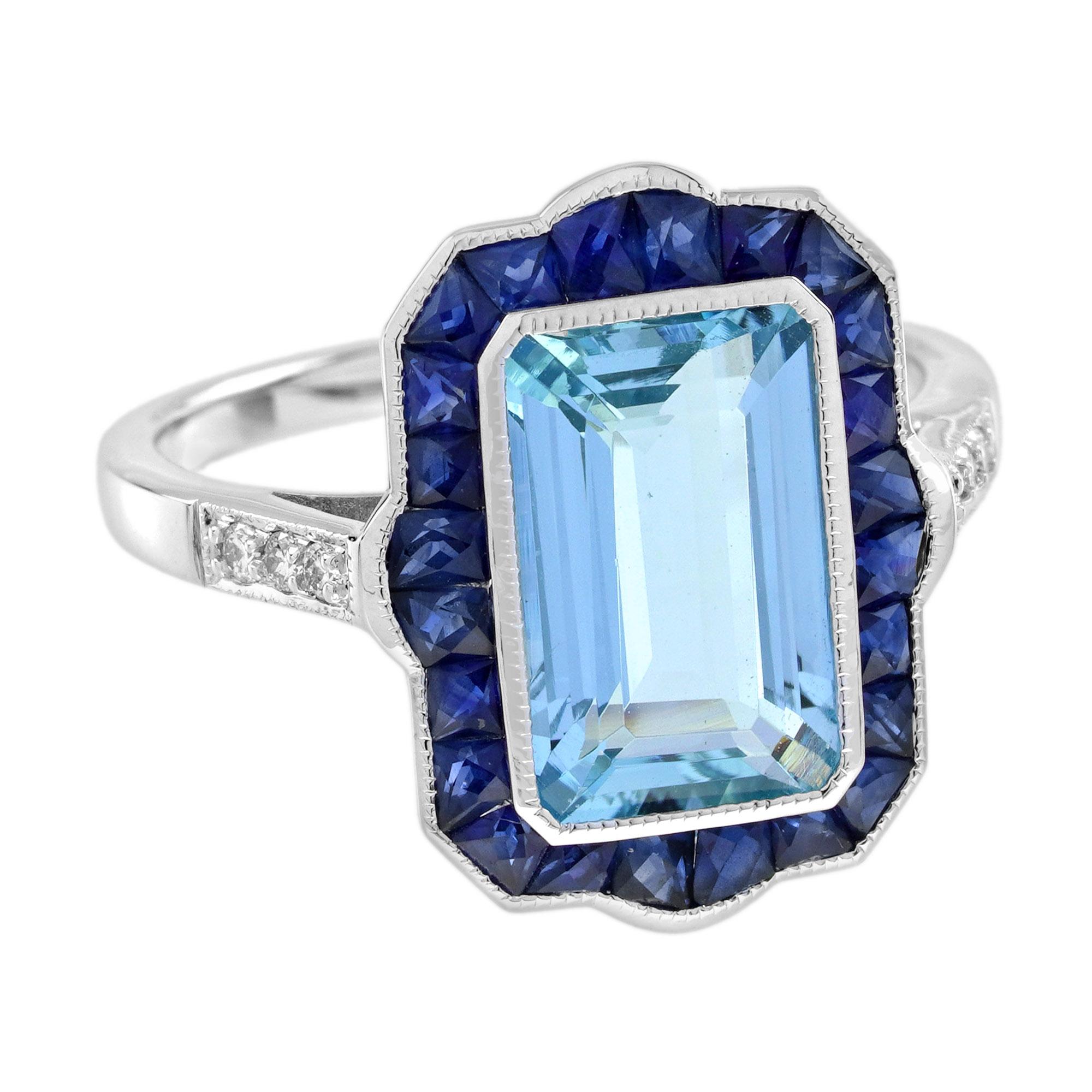 Emerald Cut Aquamarine Sapphire Diamond Art Deco Style Cocktail Ring in 18K White Gold For Sale