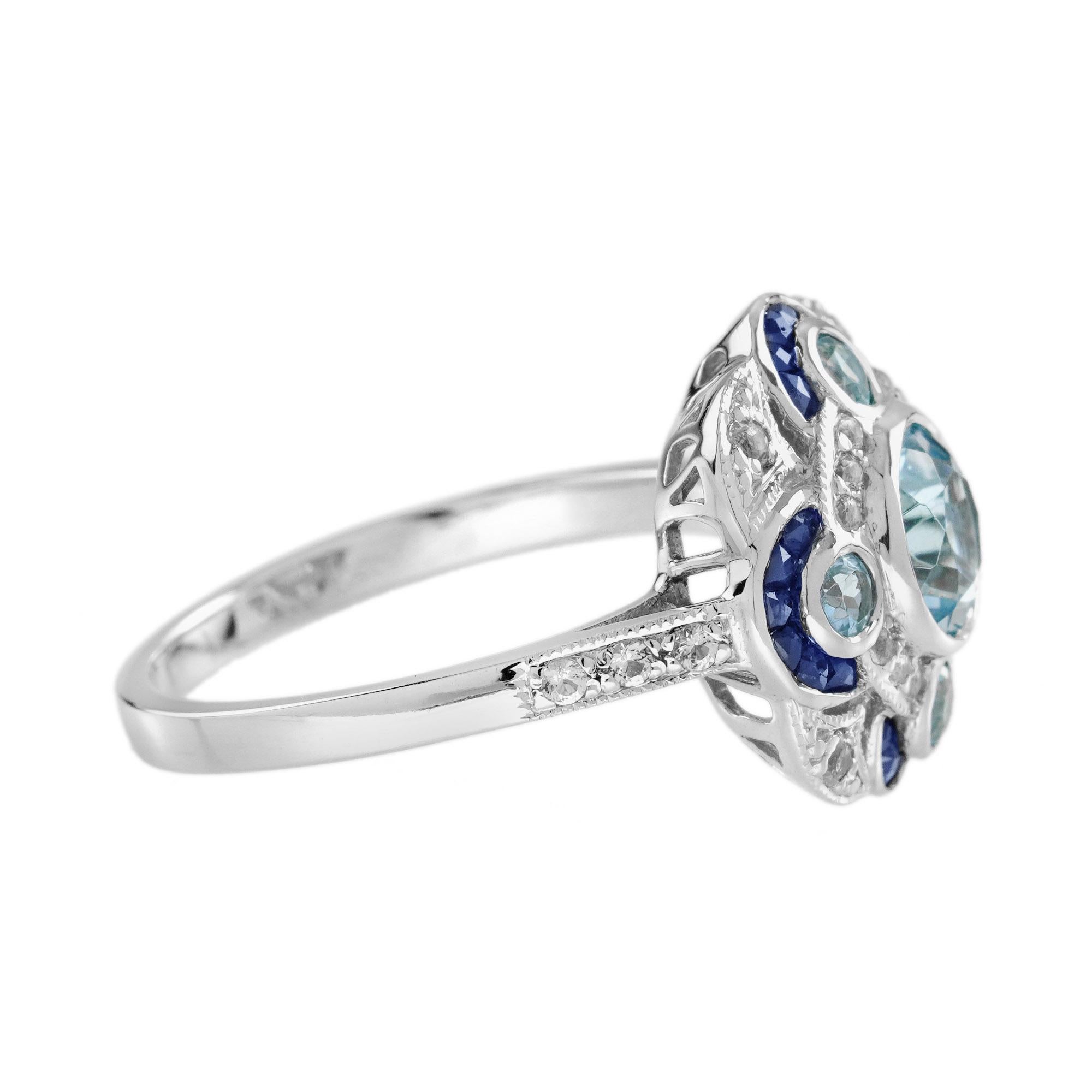 Aquamarine Sapphire Diamond Art Deco Style Cocktail Ring in 18K White Gold In New Condition For Sale In Bangkok, TH