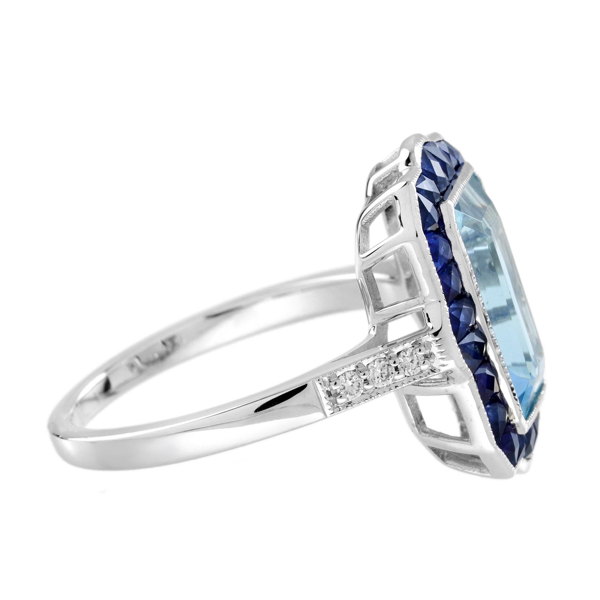 Aquamarine Sapphire Diamond Art Deco Style Cocktail Ring in 18K White Gold In New Condition For Sale In Bangkok, TH