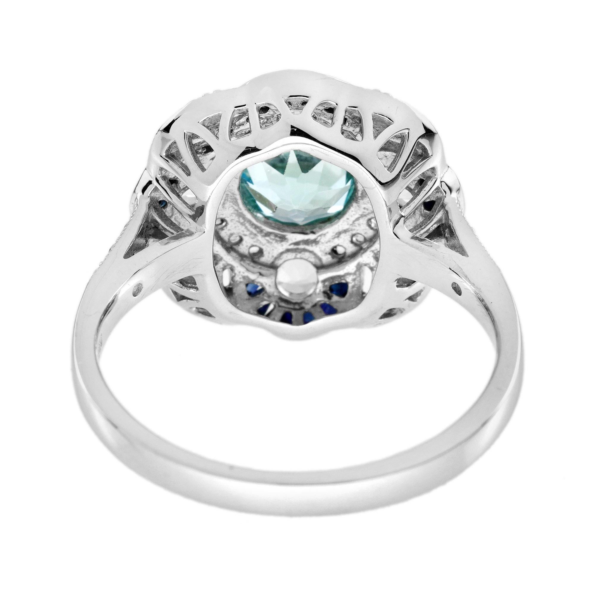 Women's Aquamarine Sapphire Diamond Art Deco Style Cocktail Ring in 18K White Gold For Sale