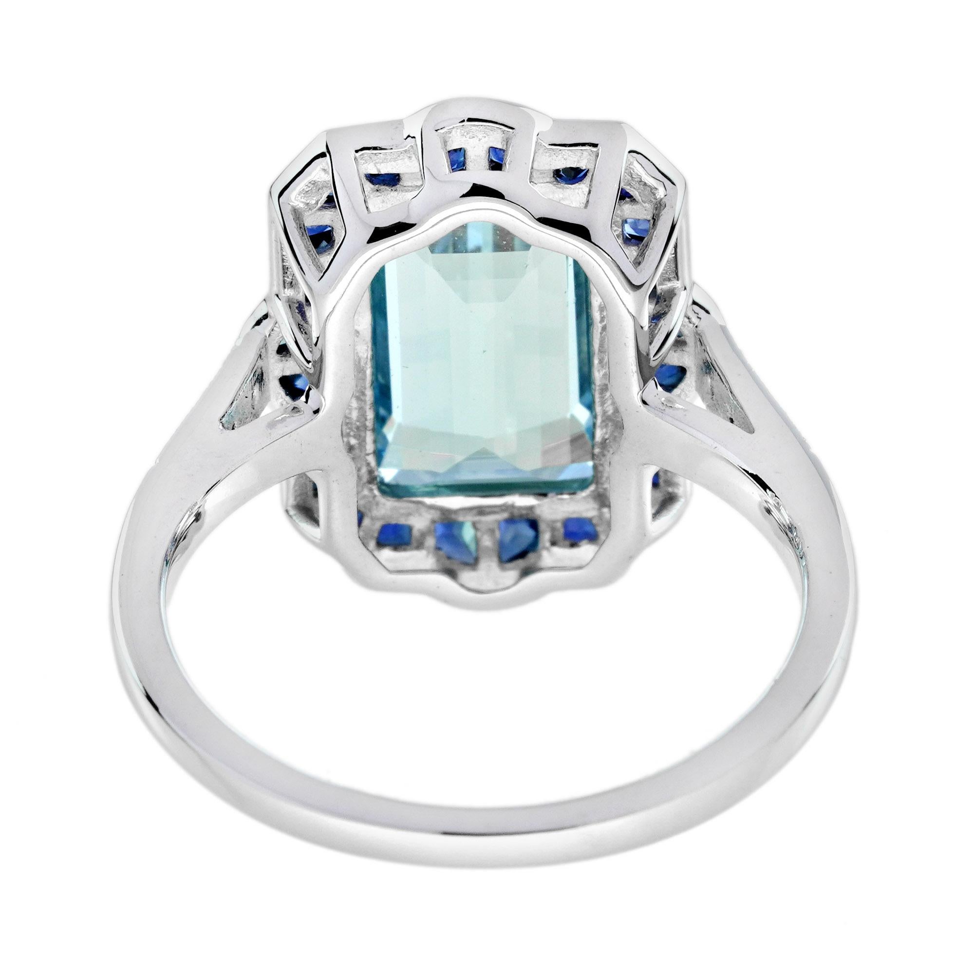 Women's Aquamarine Sapphire Diamond Art Deco Style Cocktail Ring in 18K White Gold For Sale