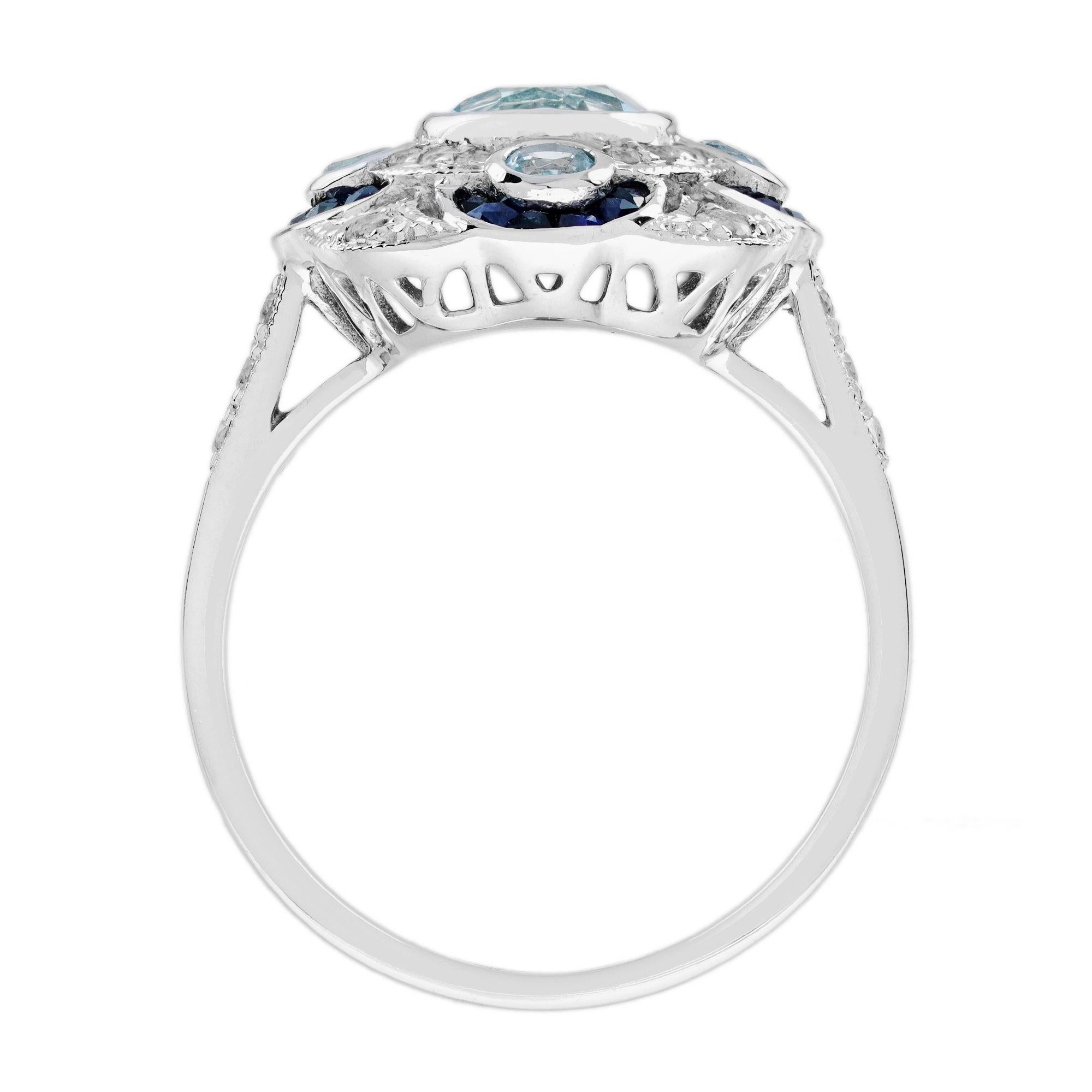 Aquamarine Sapphire Diamond Art Deco Style Cocktail Ring in 18K White Gold For Sale 1