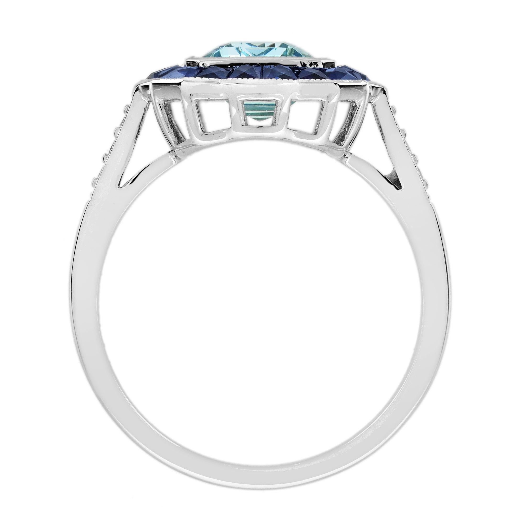Aquamarine Sapphire Diamond Art Deco Style Cocktail Ring in 18K White Gold For Sale 1