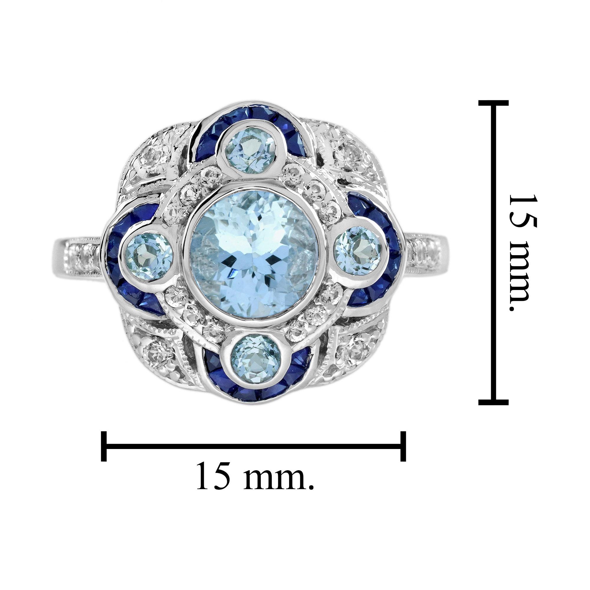 Aquamarine Sapphire Diamond Art Deco Style Cocktail Ring in 18K White Gold For Sale 2