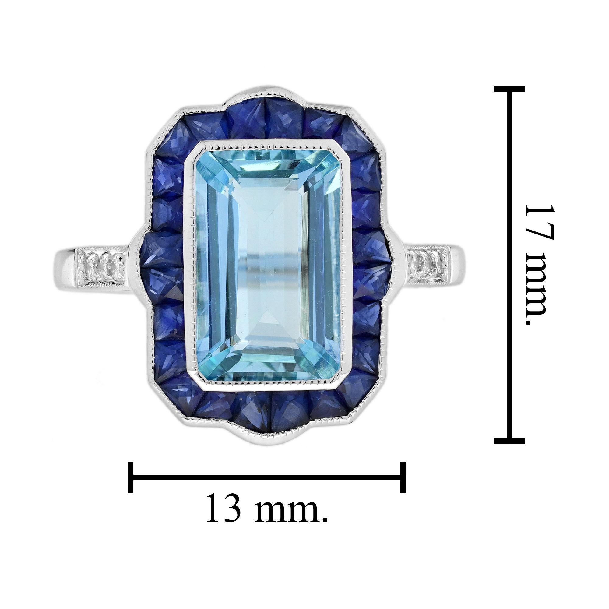 Aquamarine Sapphire Diamond Art Deco Style Cocktail Ring in 18K White Gold For Sale 2
