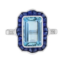 Aquamarine Sapphire Diamond Art Deco Style Cocktail Ring in 18K White Gold