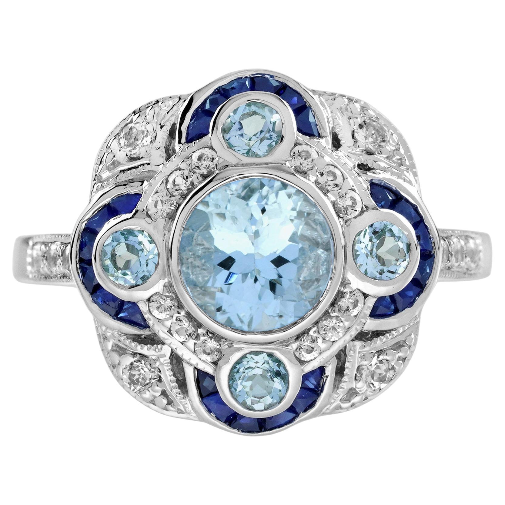 Aquamarine Sapphire Diamond Art Deco Style Cocktail Ring in 18K White Gold