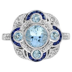 Aquamarin-Saphir-Diamant-Cocktailring im Art-Deco-Stil aus 18 Karat Weißgold