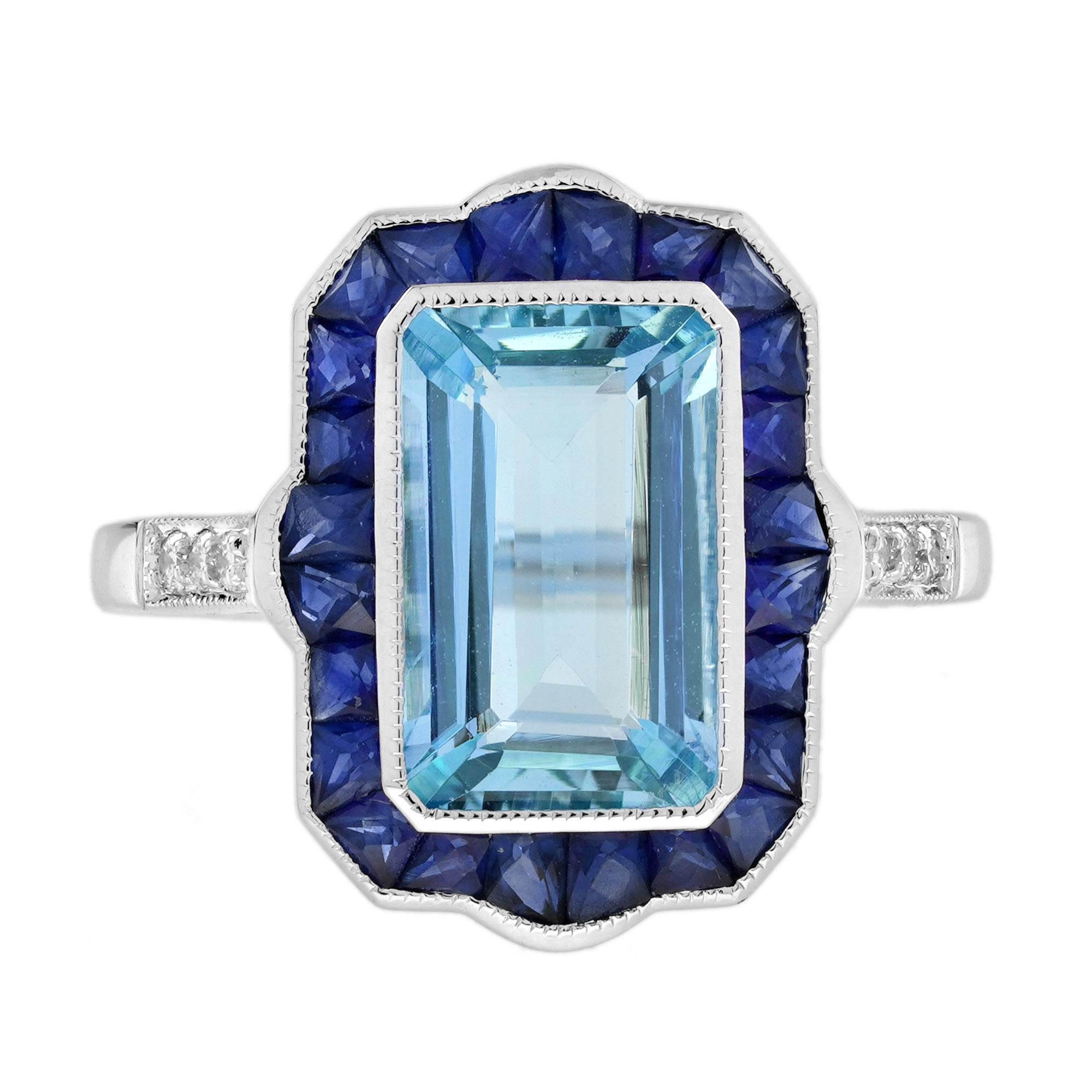 Aquamarine Sapphire Diamond Art Deco Style Cocktail Ring in 18K White Gold