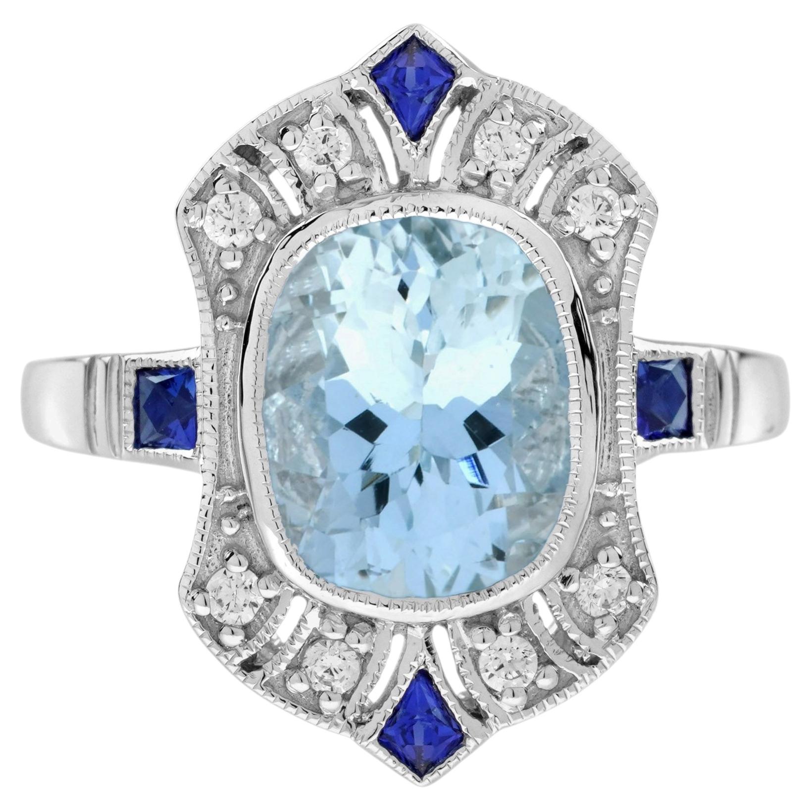 Aquamarine Sapphire Diamond Art Deco Style Cocktail Ring in 18K White Gold