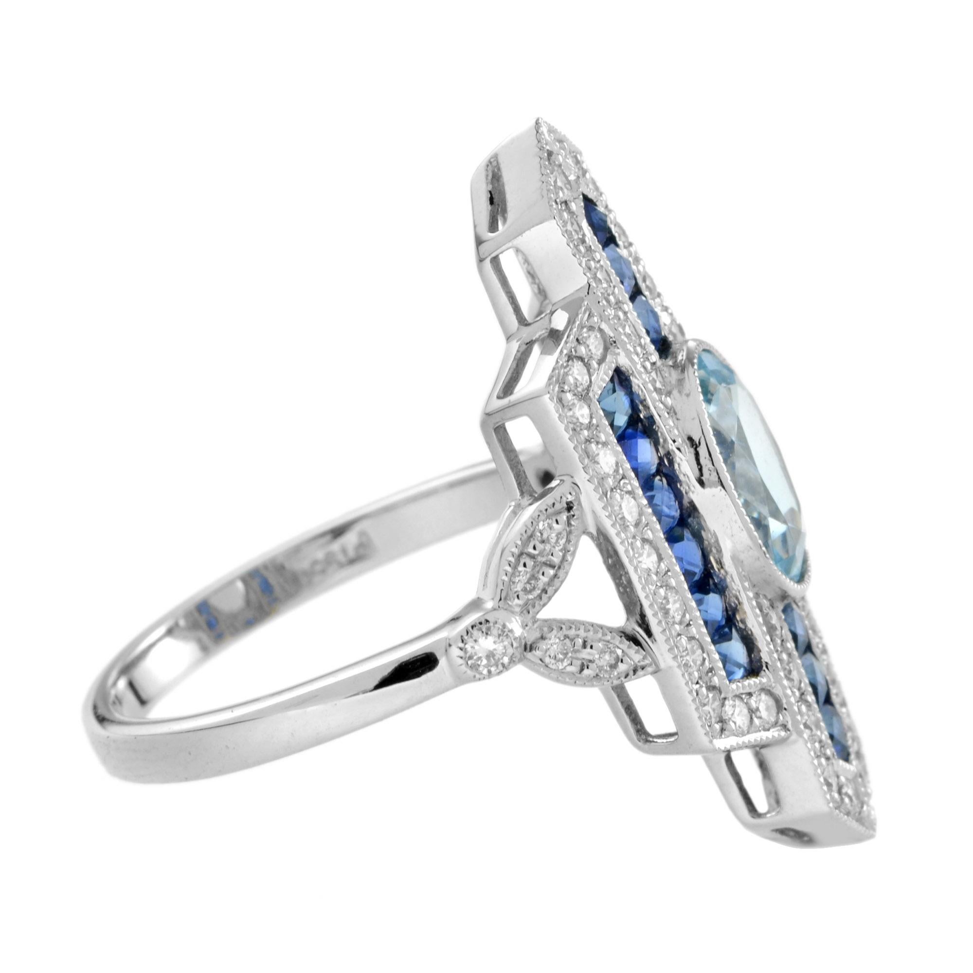 Taglio ovale Anello da cena in stile Art Deco con zaffiro e acquamarina e diamante in oro bianco 18 carati in vendita