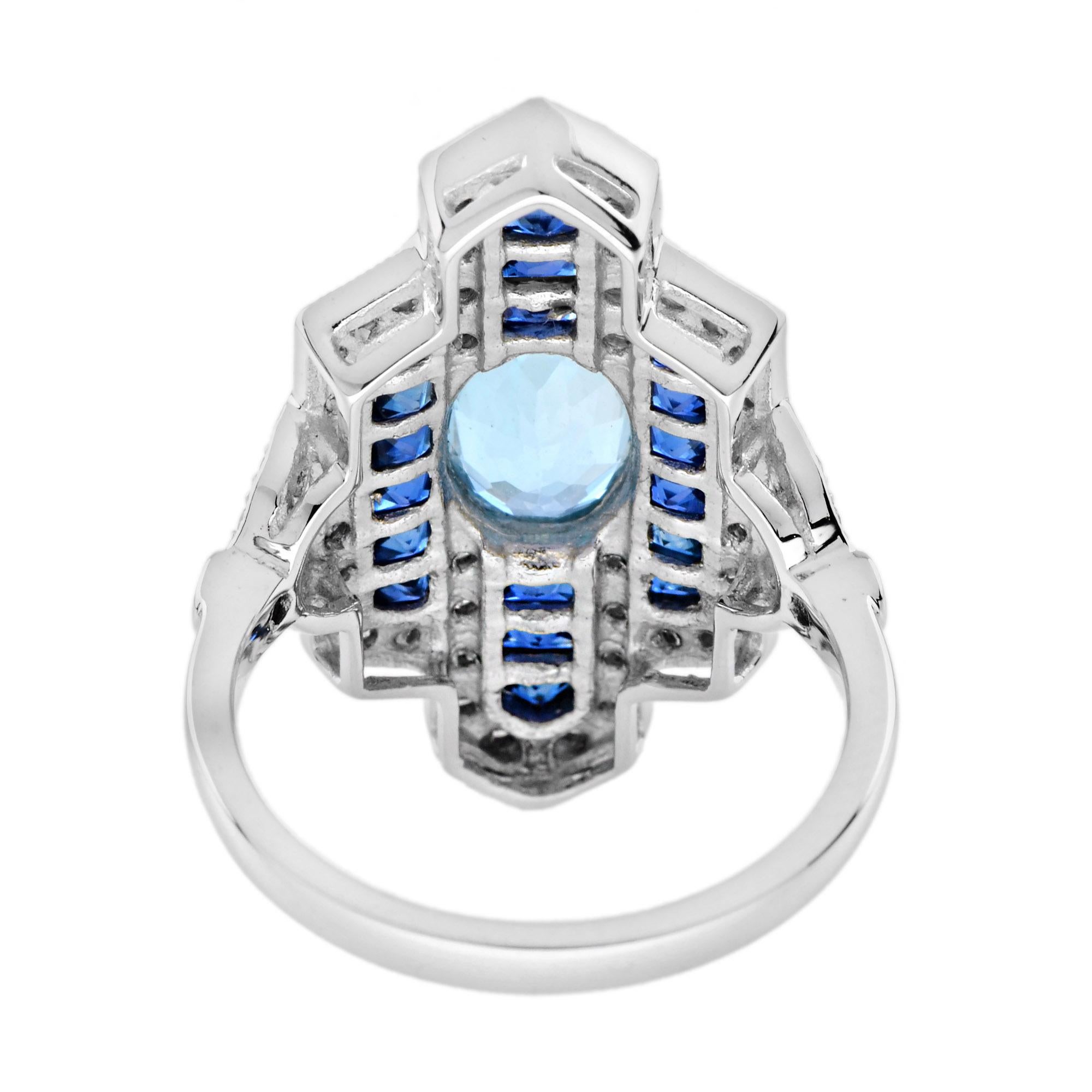 Anello da cena in stile Art Deco con zaffiro e acquamarina e diamante in oro bianco 18 carati In condizioni Nuovo in vendita a Bangkok, TH