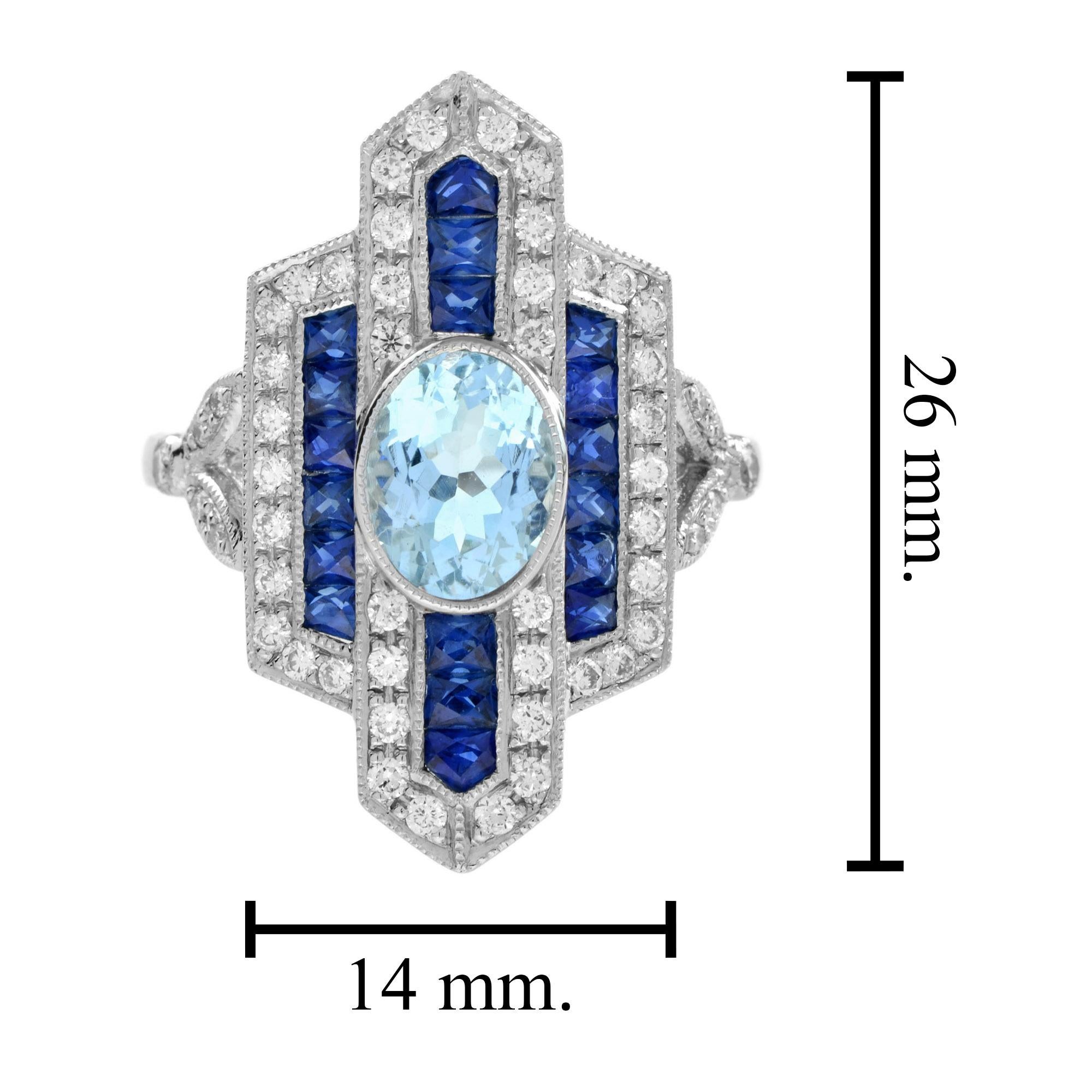 Anello da cena in stile Art Deco con zaffiro e acquamarina e diamante in oro bianco 18 carati in vendita 1