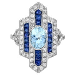 Aquamarine Sapphire Diamond Art Deco Style Dinner Ring in 18K White Gold