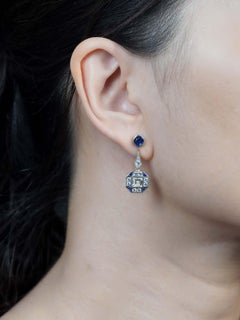 Aquamarine Sapphire Diamond Art Deco Style Drop Earrings in 18K White Gold