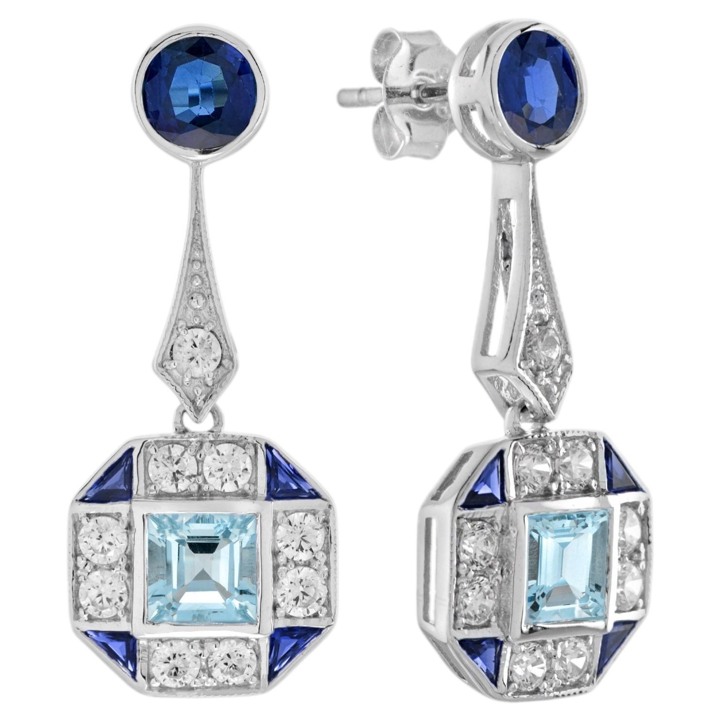 Boucles d'oreilles pendantes en or blanc 18 carats aigue-marine saphir diamant de style Art Déco