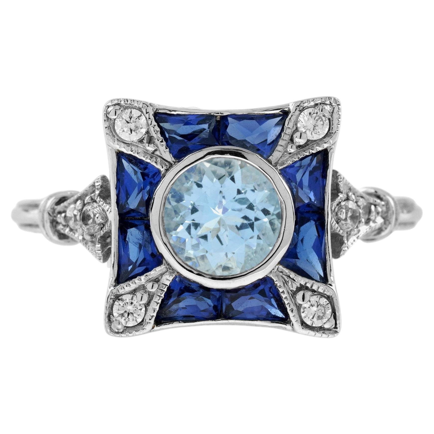 Aquamarine Engagement Ring with Sapphire and Diamond in 14K White Gold
