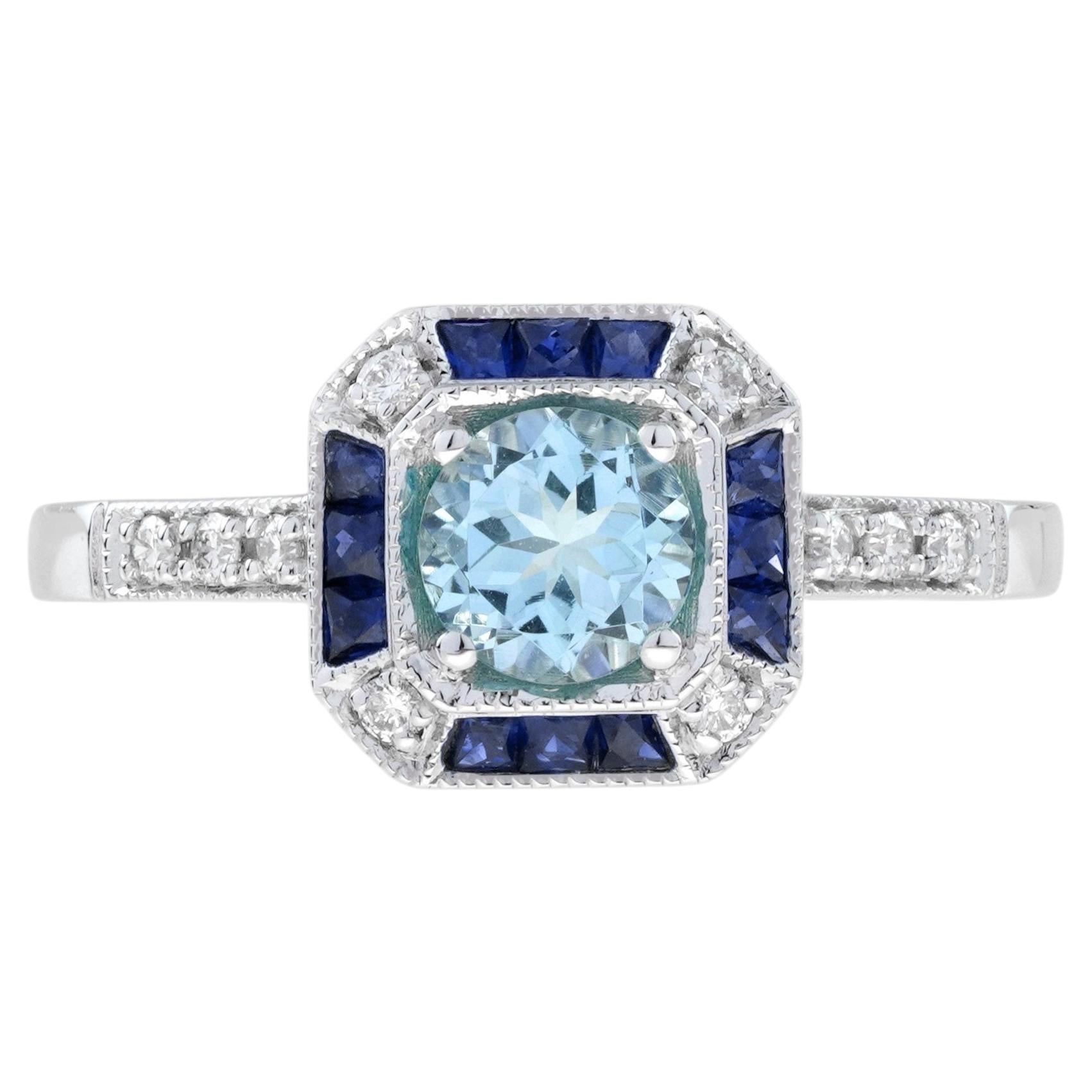 Aquamarine Diamond French Cut Sapphire Halo Ring in 14K White Gold