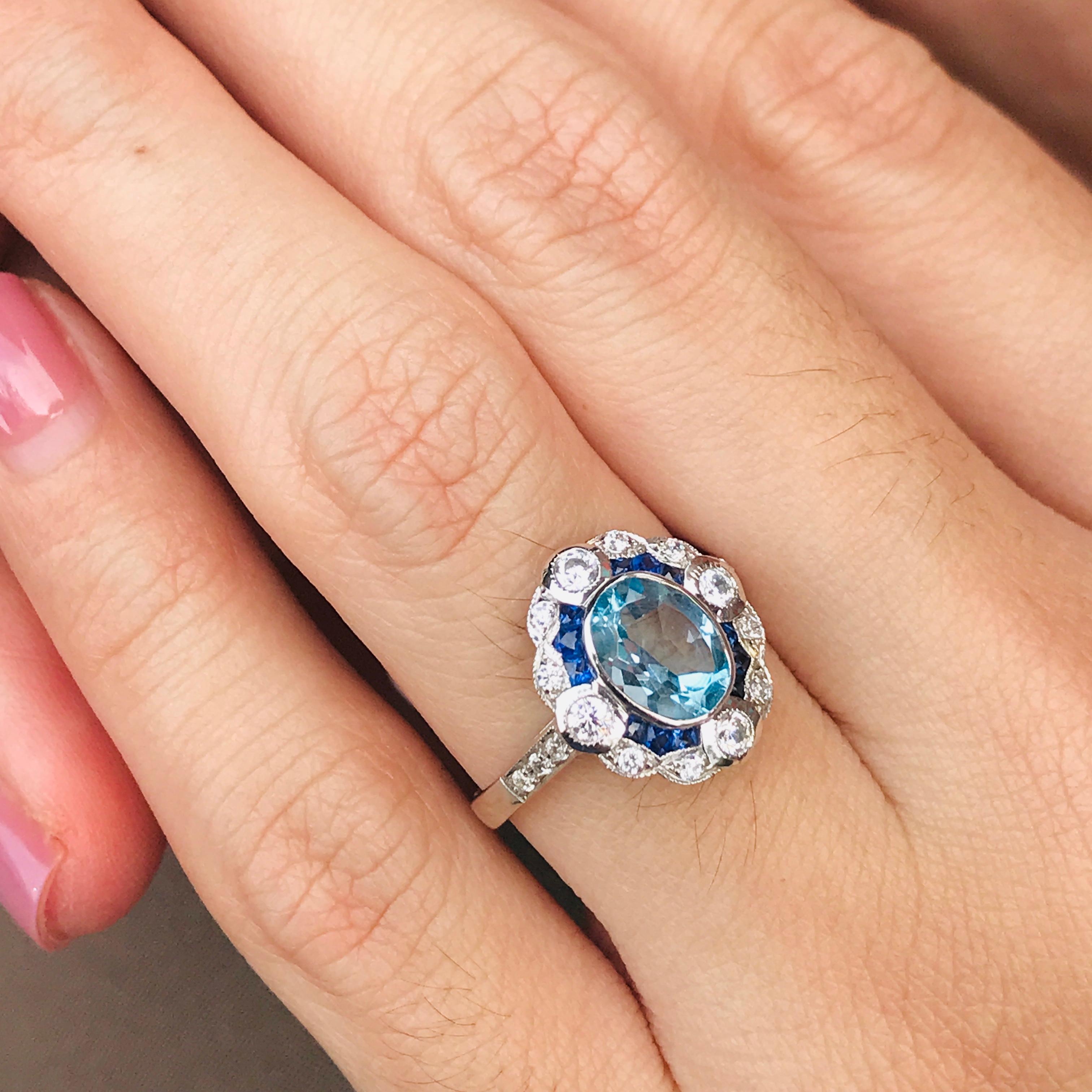 Oval Cut Aquamarine Sapphire Diamond Art Deco Style Engagement Ring in 18K White Gold For Sale