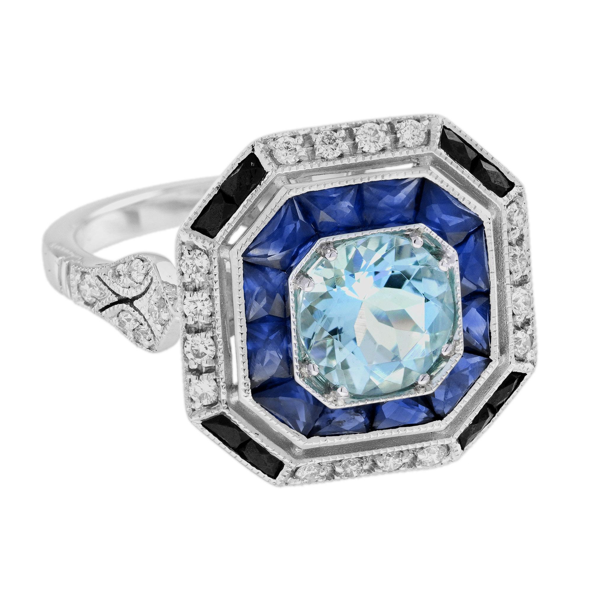 Round Cut Aquamarine Sapphire Diamond Art Deco Style Engagement Ring in 18K White Gold For Sale