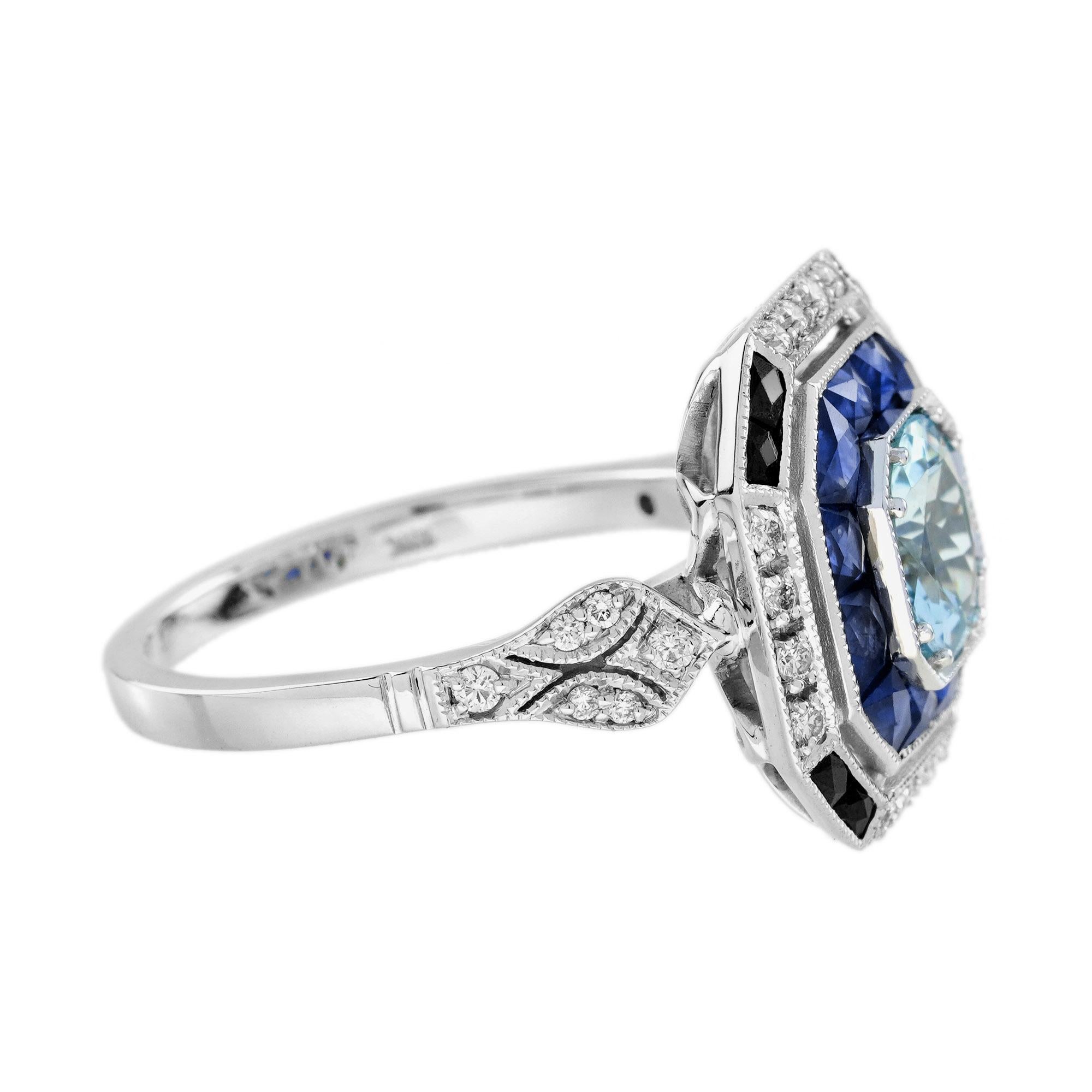Aquamarine Sapphire Diamond Art Deco Style Engagement Ring in 18K White Gold In New Condition For Sale In Bangkok, TH