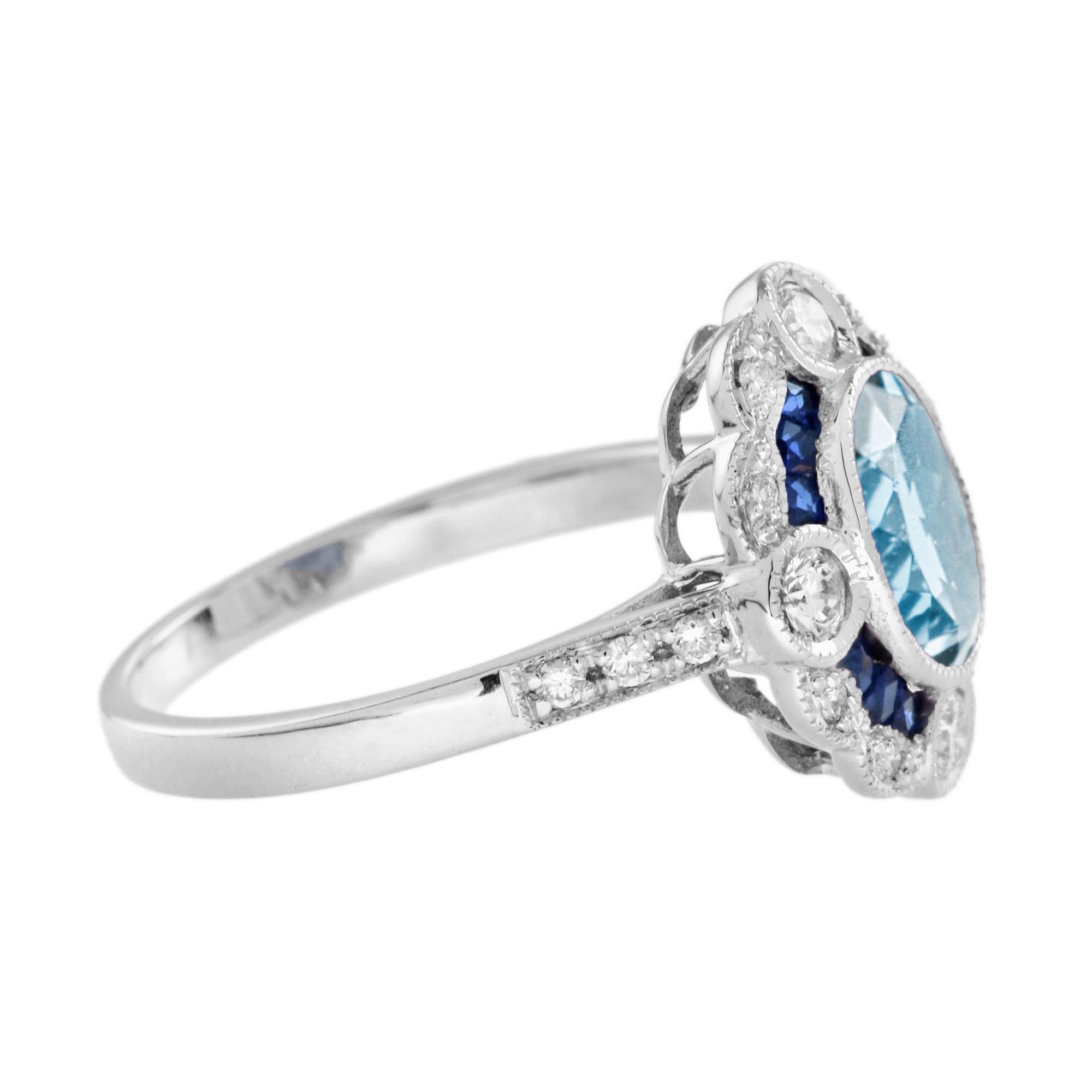 Aquamarine Sapphire Diamond Art Deco Style Engagement Ring in 18K White Gold For Sale 1