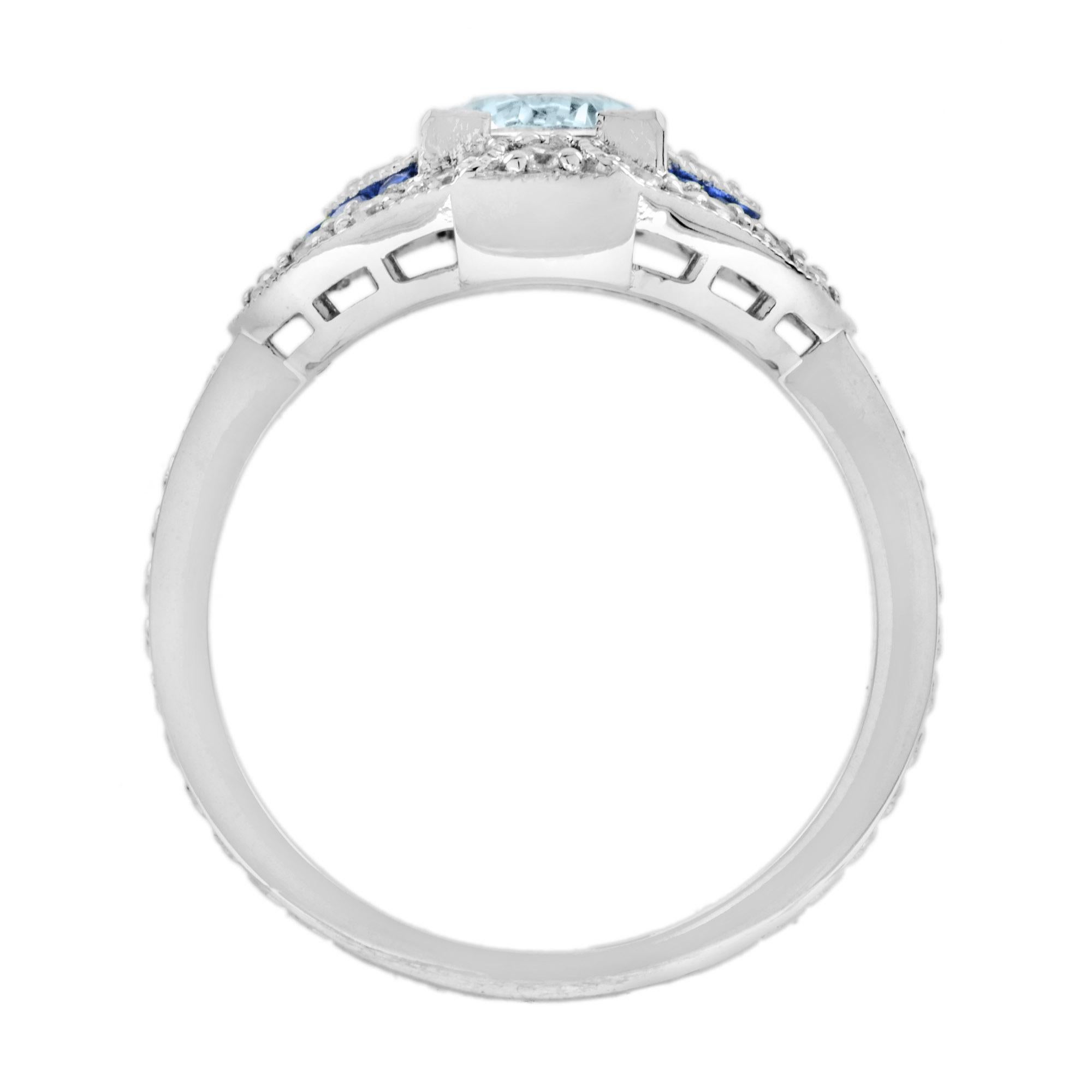 Women's or Men's Aquamarine Sapphire Diamond Art Deco Style Engagement Ring in 18k White Gold For Sale