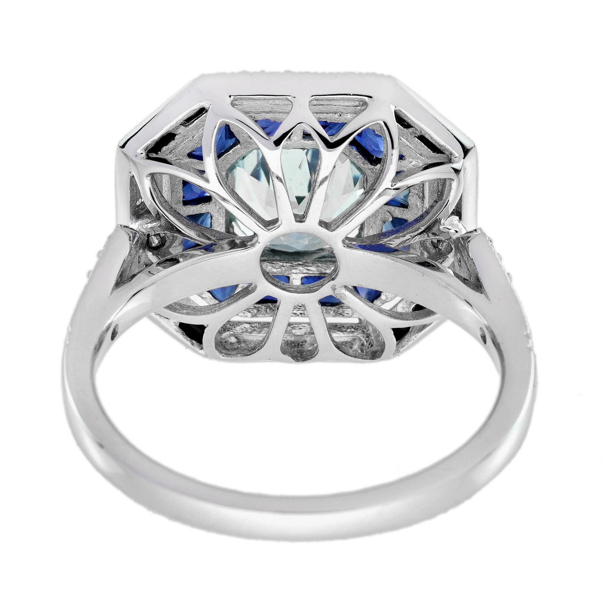 Women's Aquamarine Sapphire Diamond Art Deco Style Engagement Ring in 18K White Gold For Sale