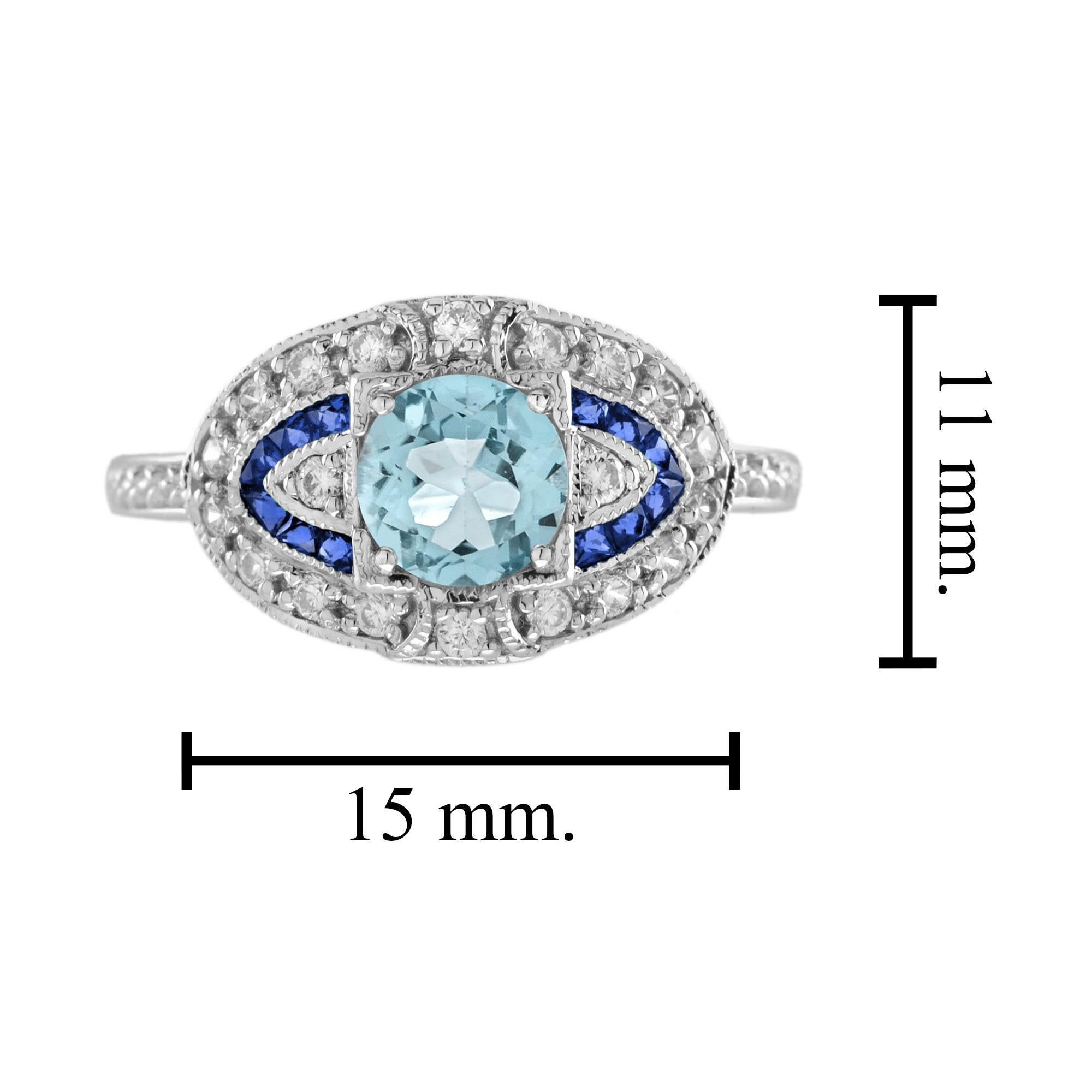 Aquamarine Sapphire Diamond Art Deco Style Engagement Ring in 18k White Gold For Sale 1