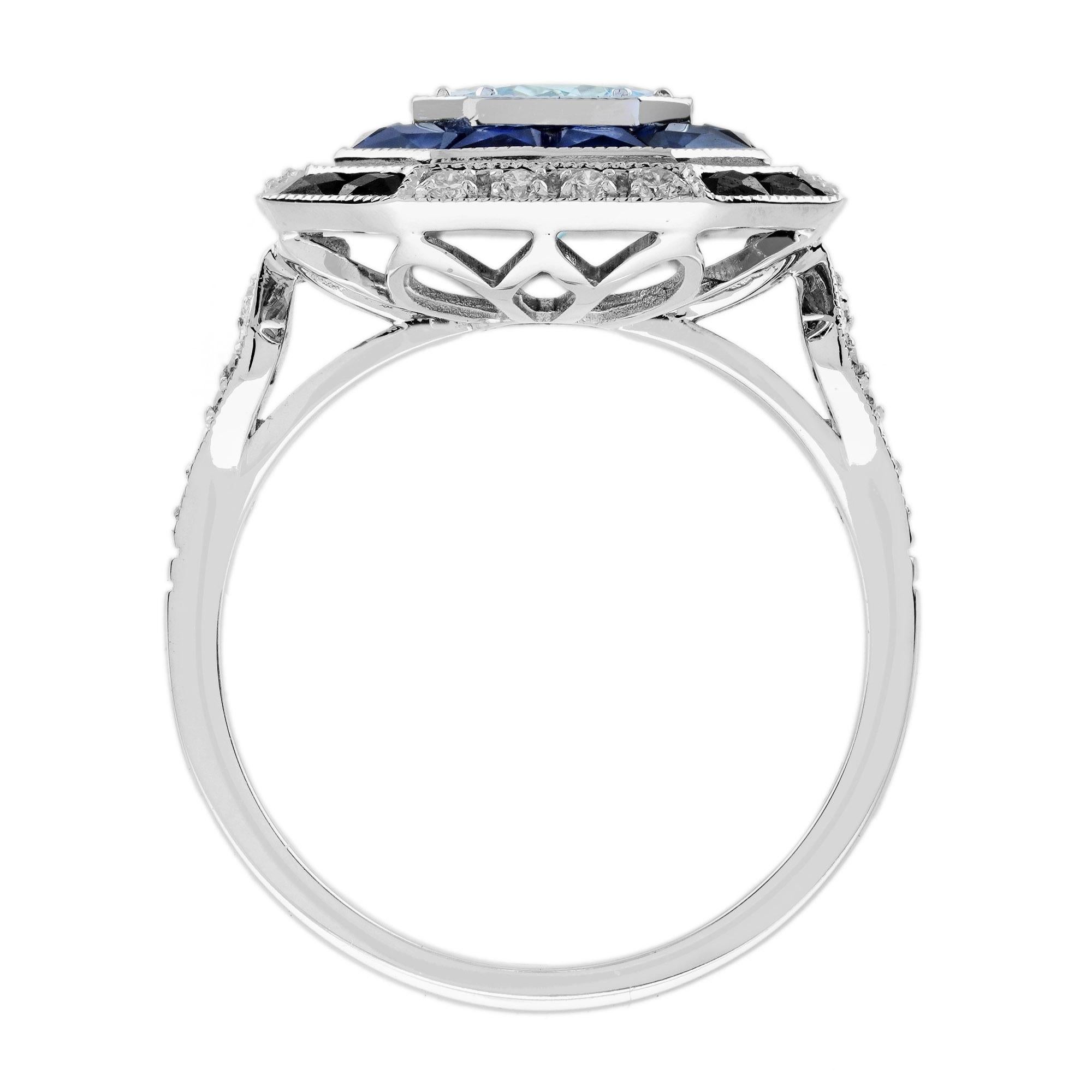 Aquamarine Sapphire Diamond Art Deco Style Engagement Ring in 18K White Gold For Sale 1