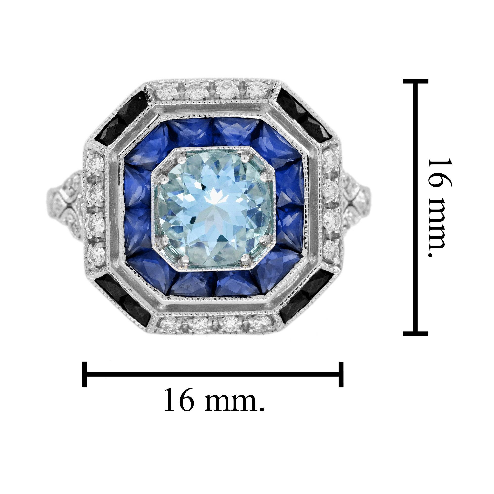 Aquamarine Sapphire Diamond Art Deco Style Engagement Ring in 18K White Gold For Sale 2
