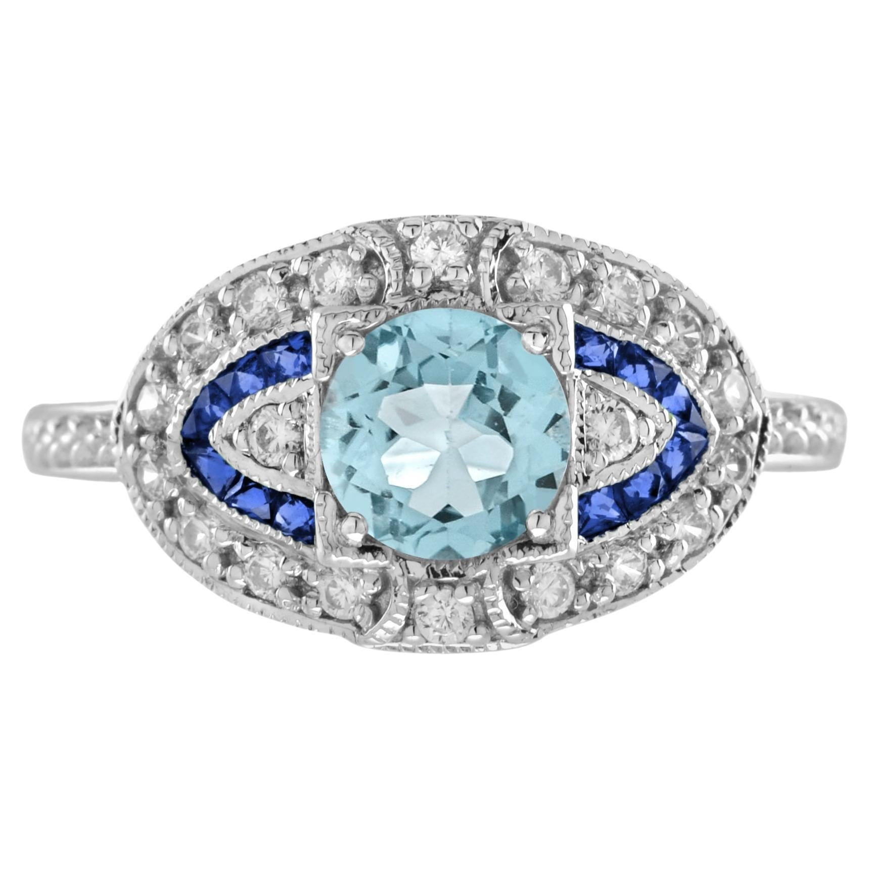 Aquamarine Sapphire Diamond Art Deco Style Engagement Ring in 18k White Gold For Sale