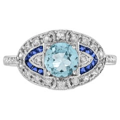 Aquamarine Sapphire Diamond Art Deco Style Engagement Ring in 18k White Gold