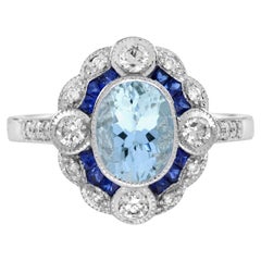 Anello di fidanzamento in stile Art Deco con zaffiro e acquamarina e diamante in oro bianco 18 carati