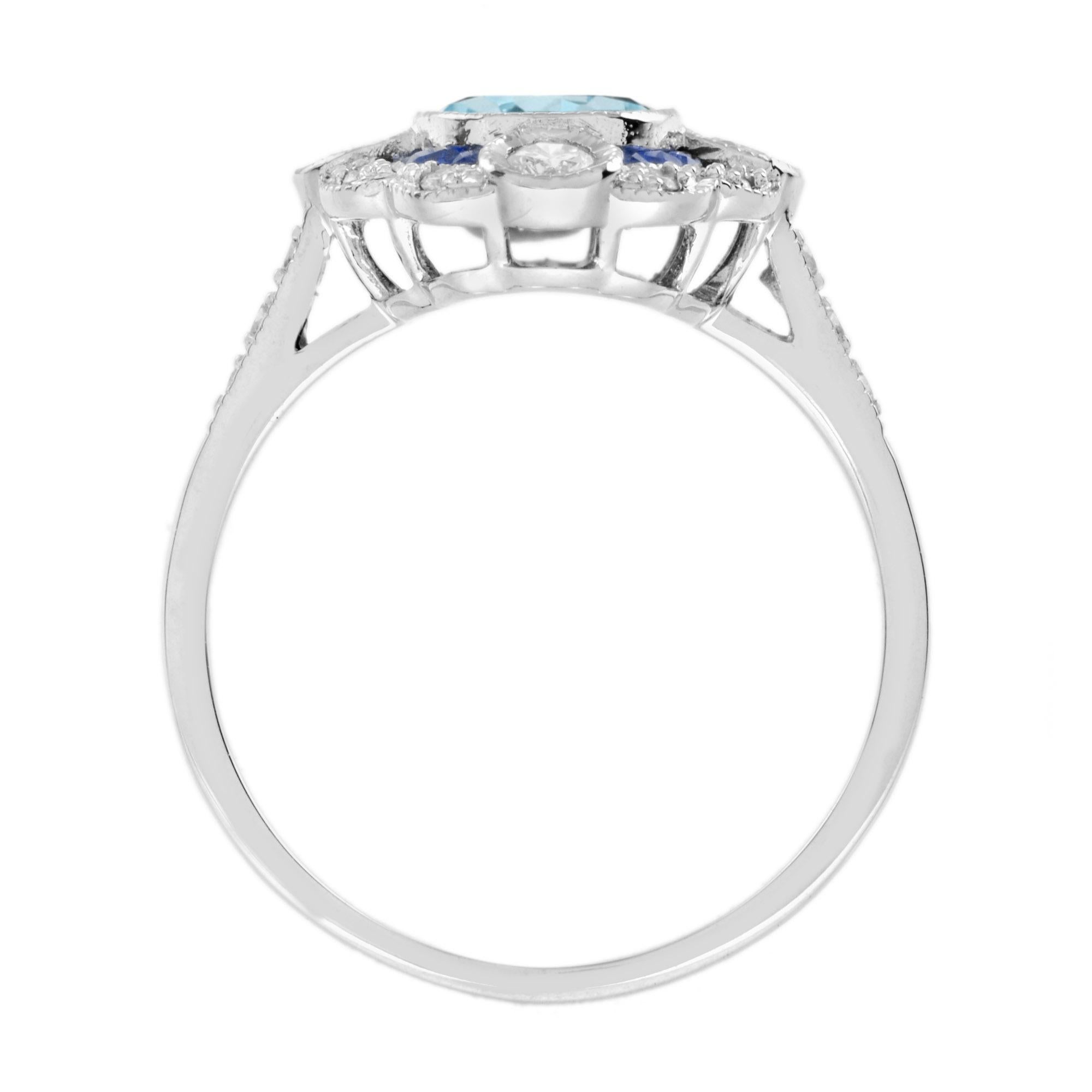 Aquamarine Sapphire Diamond Art Deco Style Jewelry Set in 14K White Gold For Sale 7