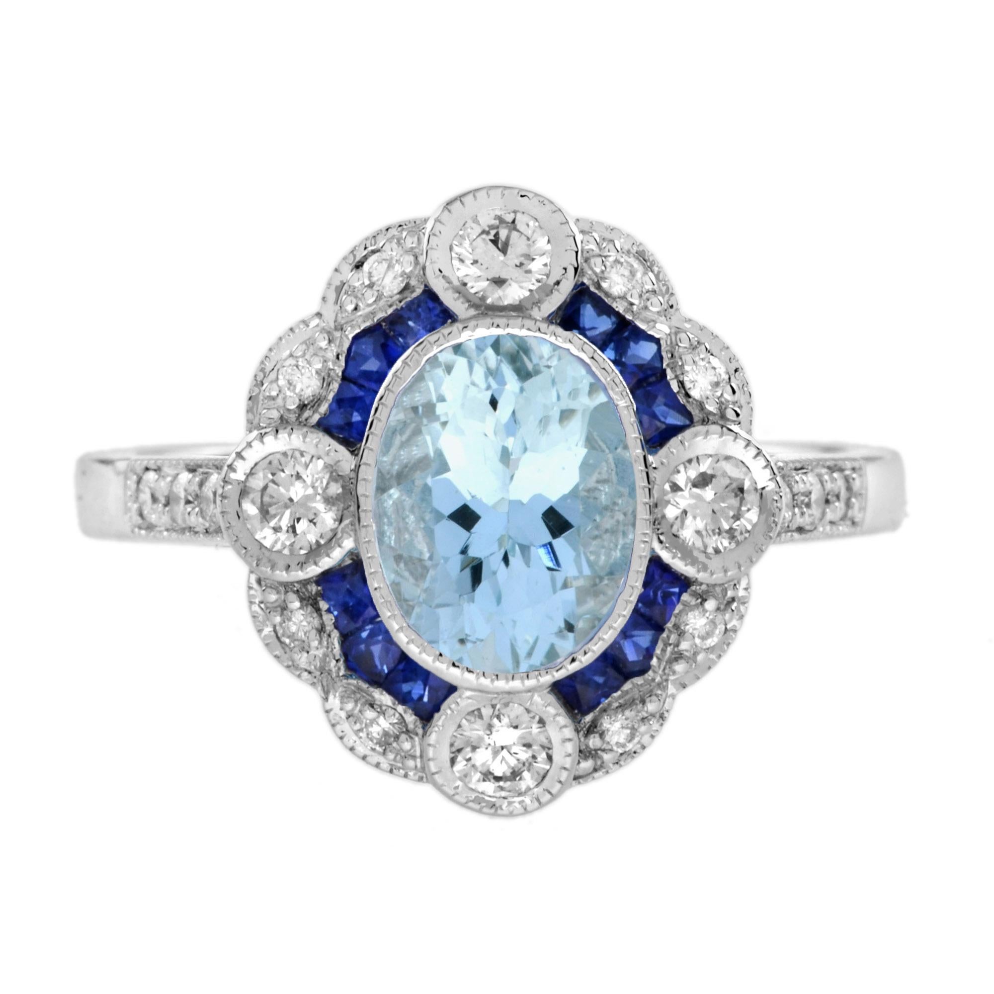 Aquamarine Sapphire Diamond Art Deco Style Jewelry Set in 14K White Gold For Sale 3