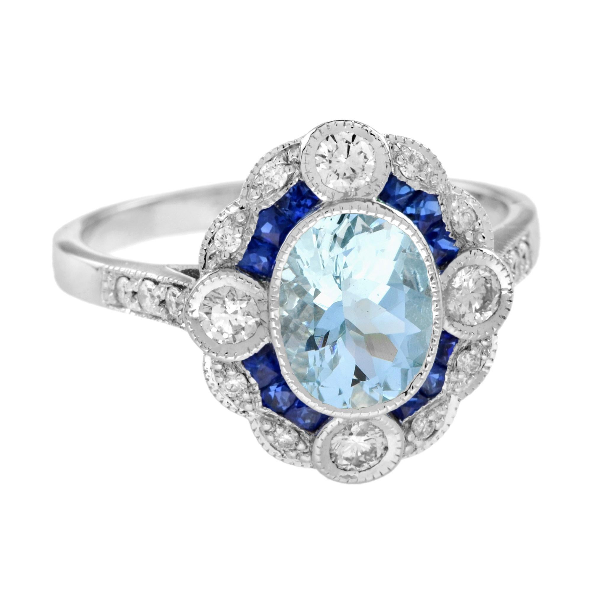Aquamarine Sapphire Diamond Art Deco Style Jewelry Set in 14K White Gold For Sale 4