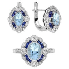 Aquamarine Sapphire Diamond Art Deco Style Jewelry Set in 14K White Gold