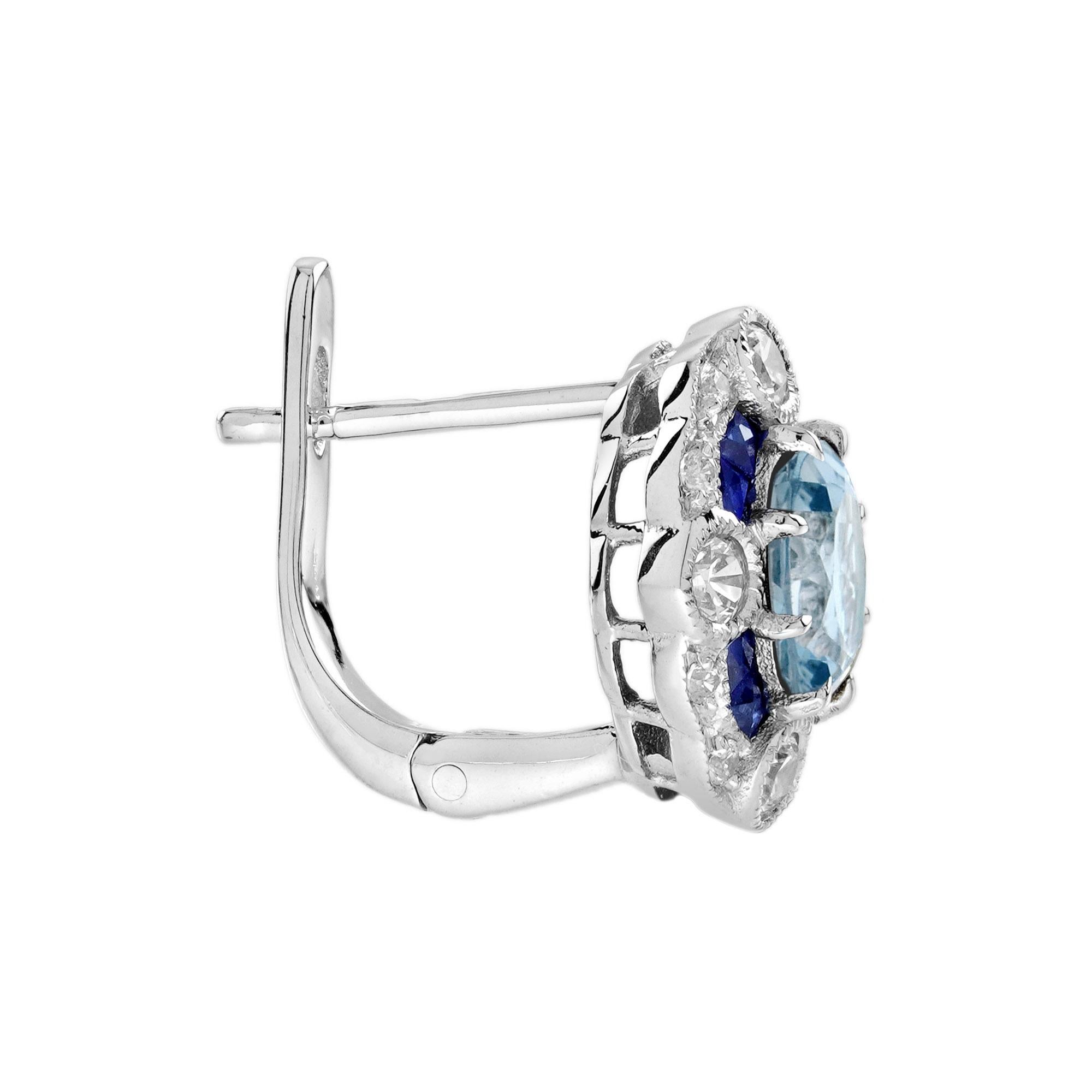 Art déco Aigue-marine Saphir Diamant Boucles d'oreilles à levier en or blanc 18 carats de style Art Déco en vente