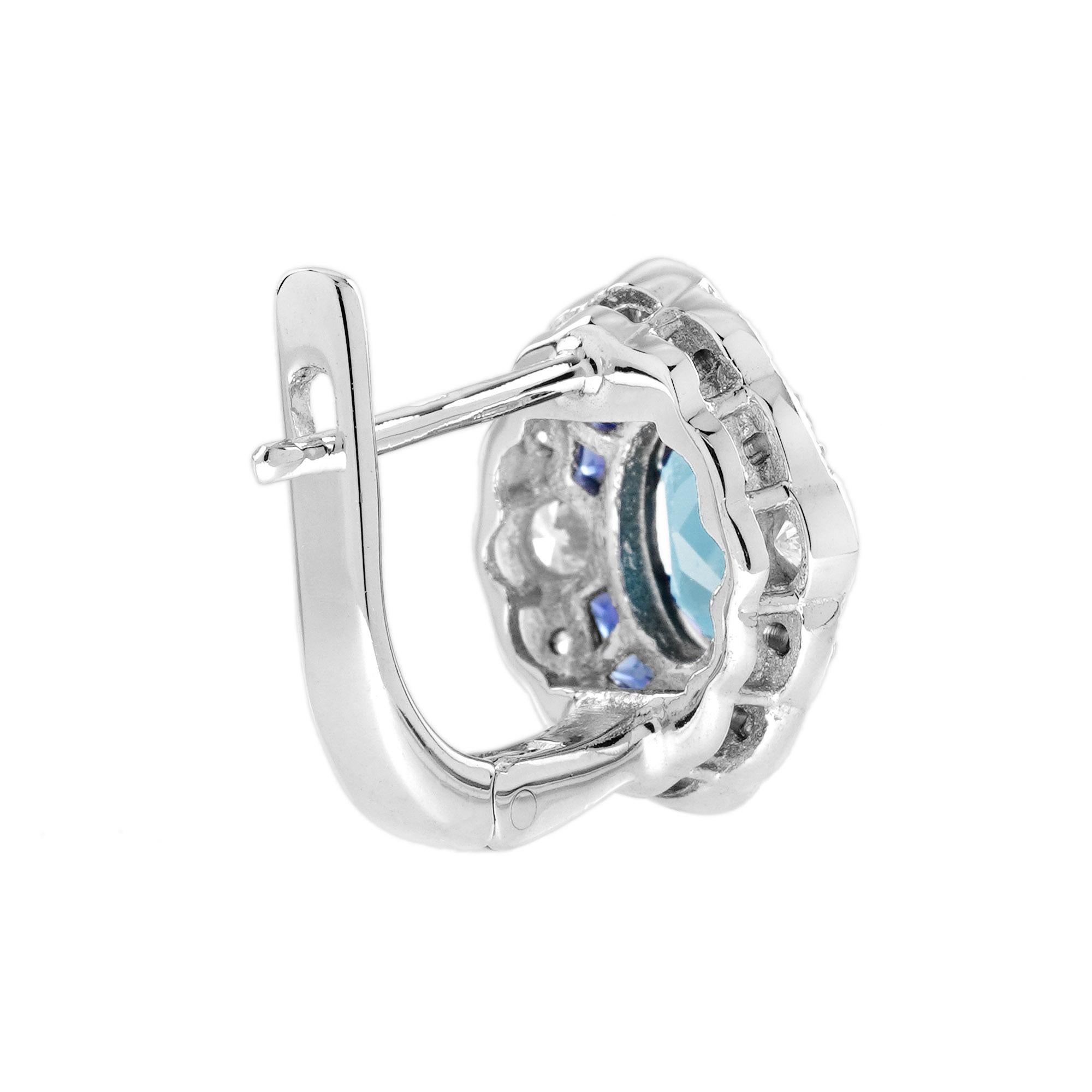 Taille ovale Aigue-marine Saphir Diamant Boucles d'oreilles à levier en or blanc 18 carats de style Art Déco en vente