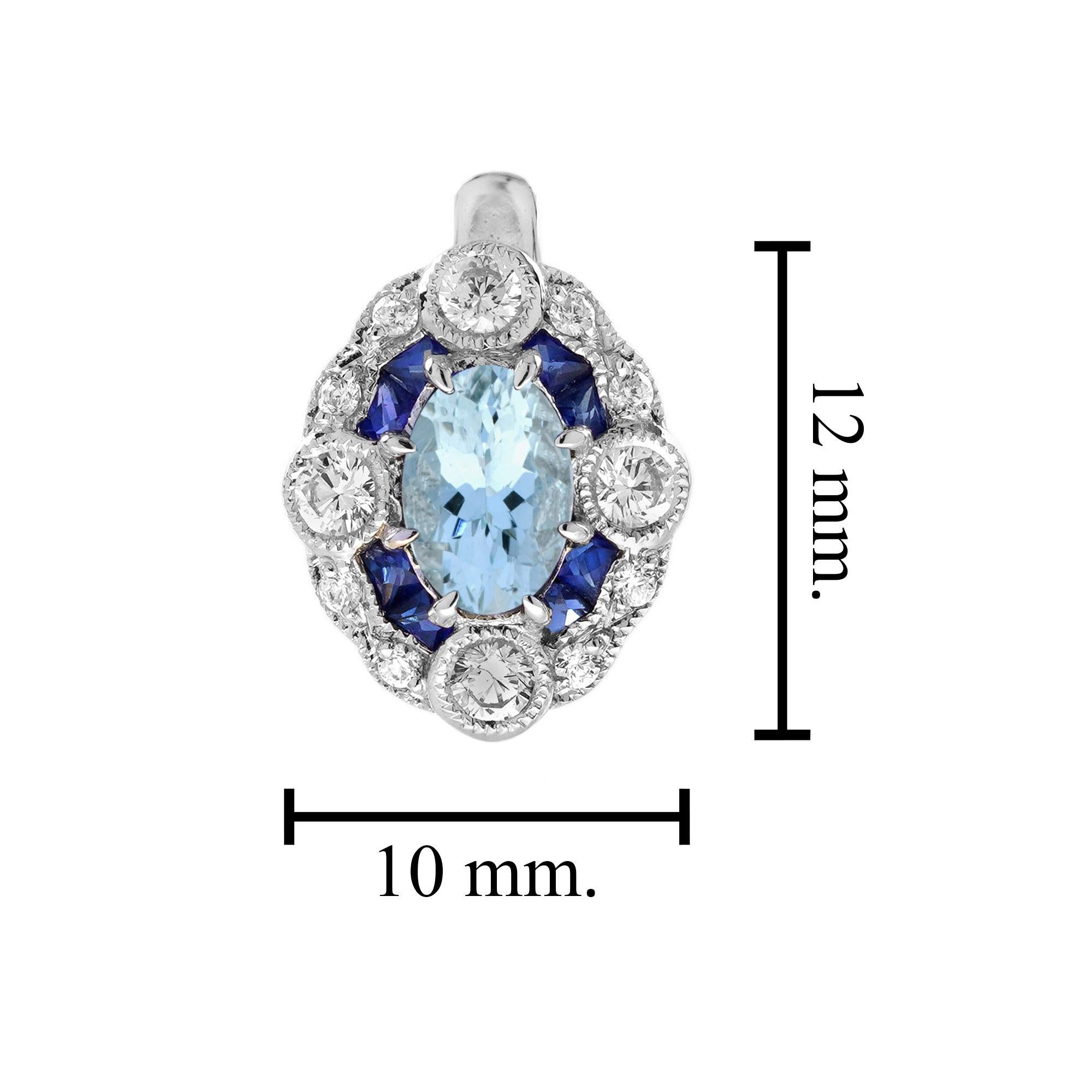 Aigue-marine Saphir Diamant Boucles d'oreilles à levier en or blanc 18 carats de style Art Déco Neuf - En vente à Bangkok, TH
