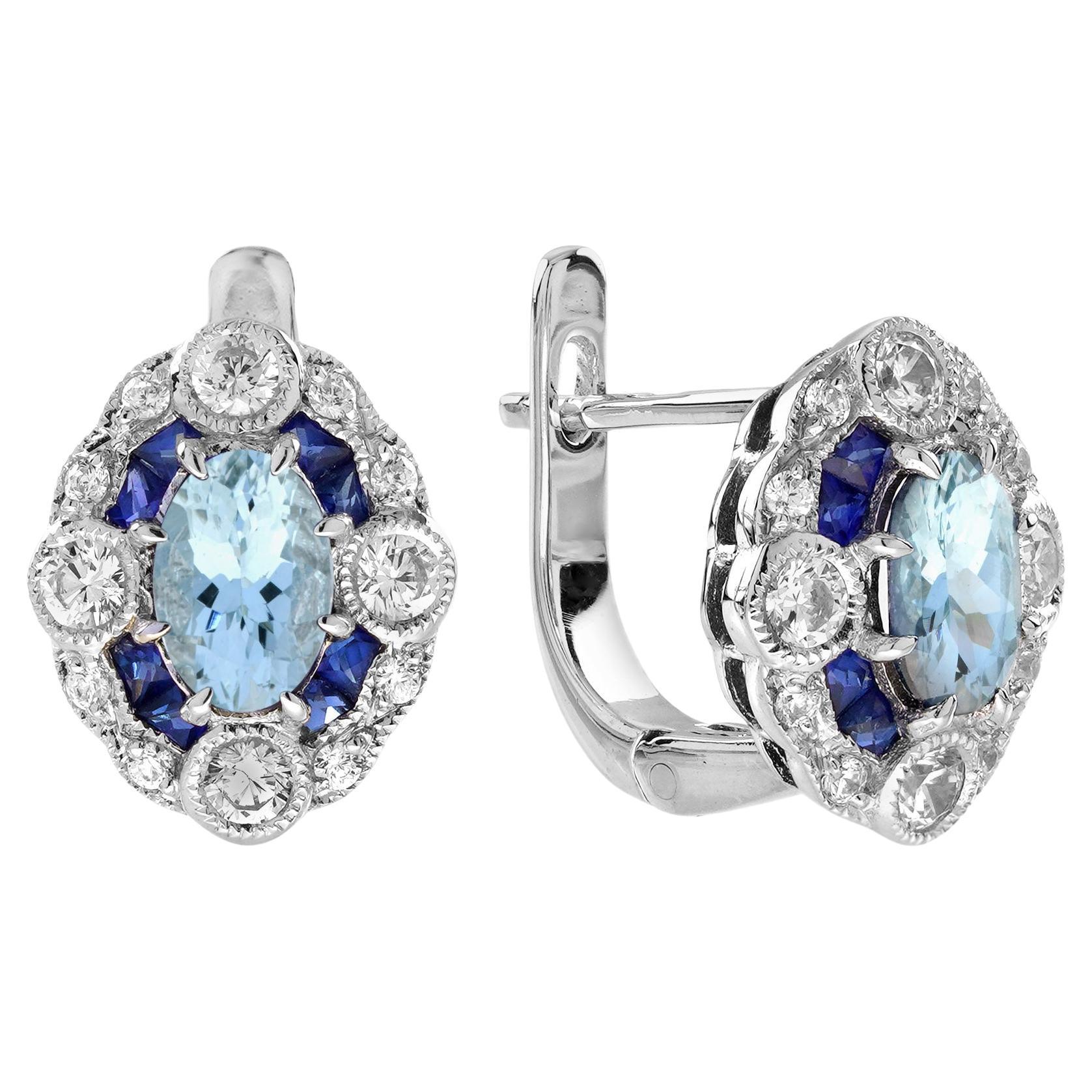 Aquamarine Sapphire Diamond Art Deco Style Lever Back Earrings in 18K White Gold