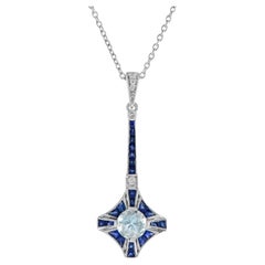 Aquamarine Sapphire Diamond Art Deco Style Necklace in 18K White Gold