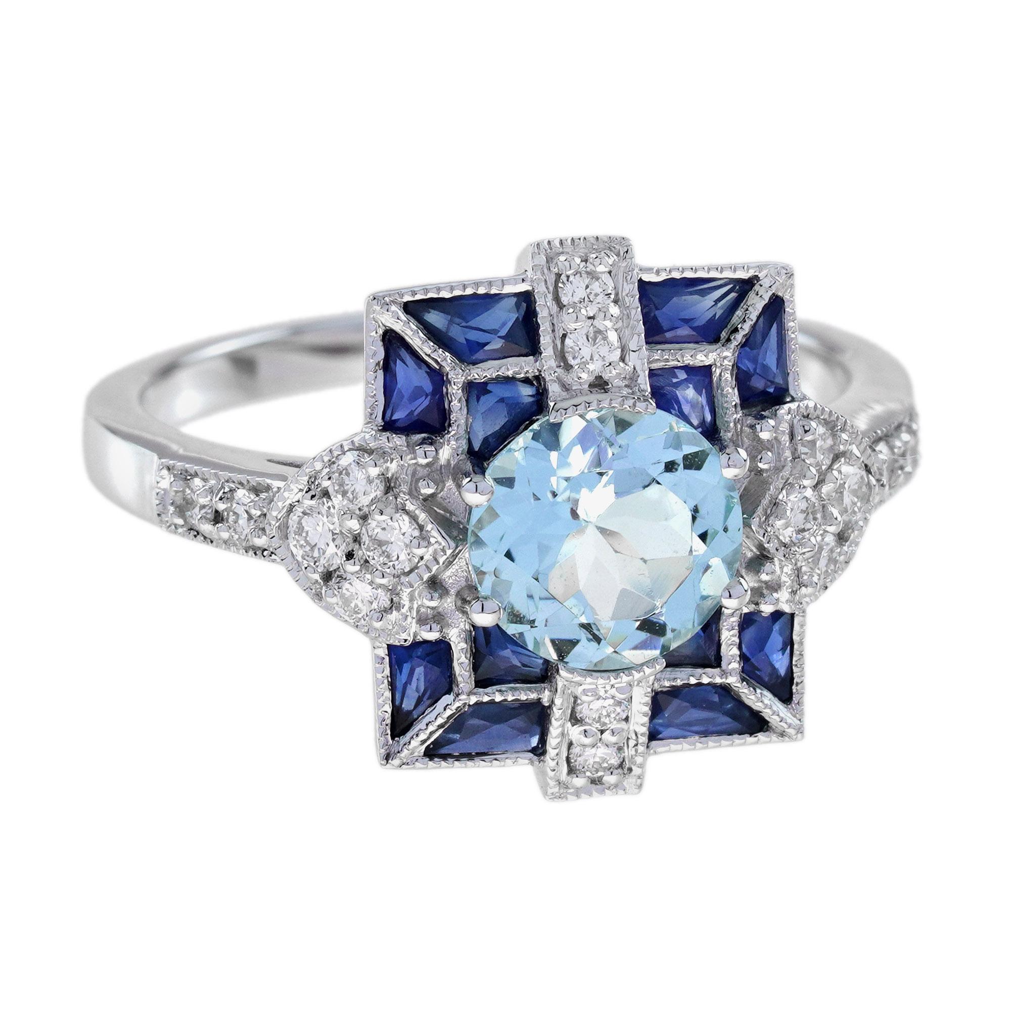 Round Cut Aquamarine Sapphire Diamond Art Deco Style Ring in 18K White Gold For Sale