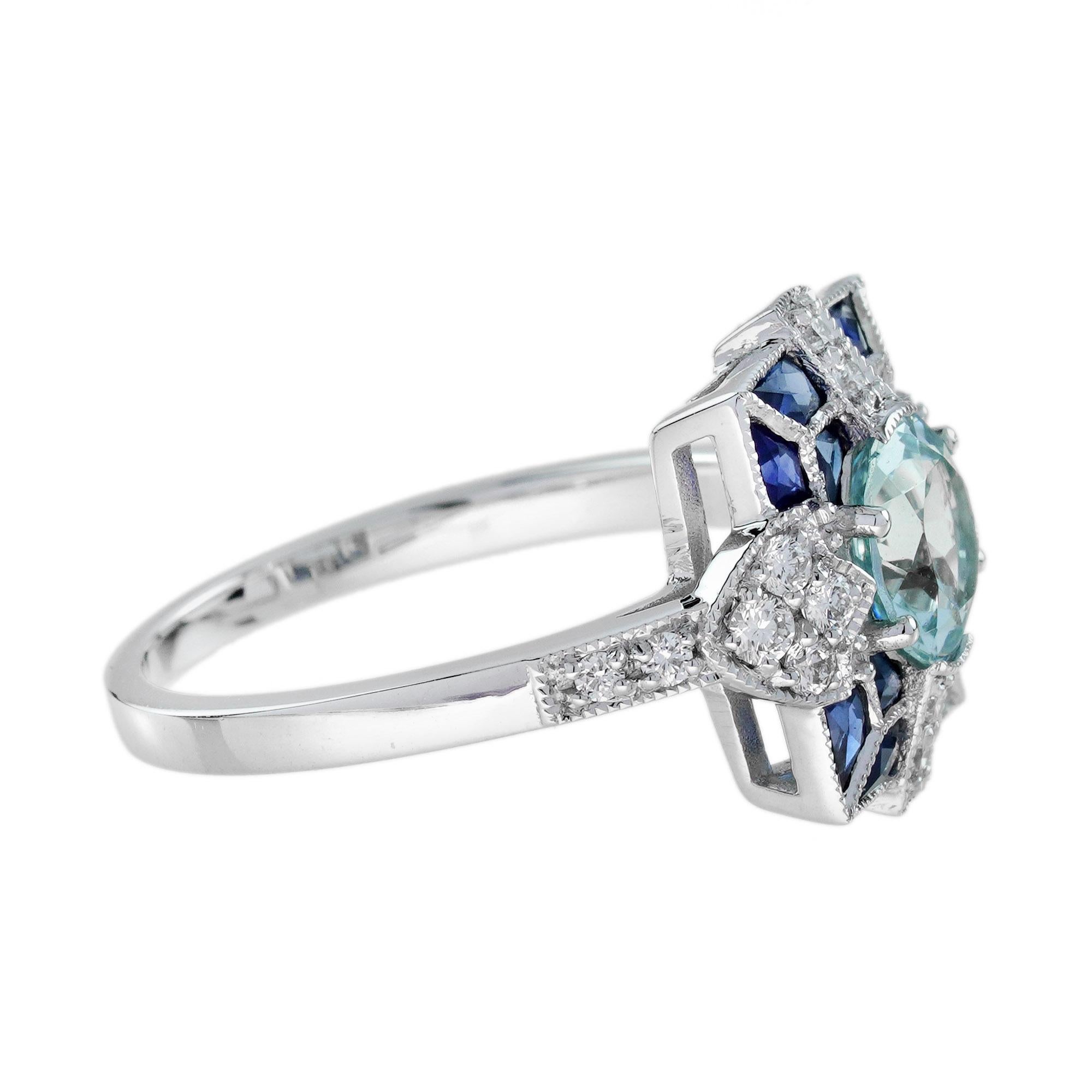 Aquamarine Sapphire Diamond Art Deco Style Ring in 18K White Gold In New Condition For Sale In Bangkok, TH