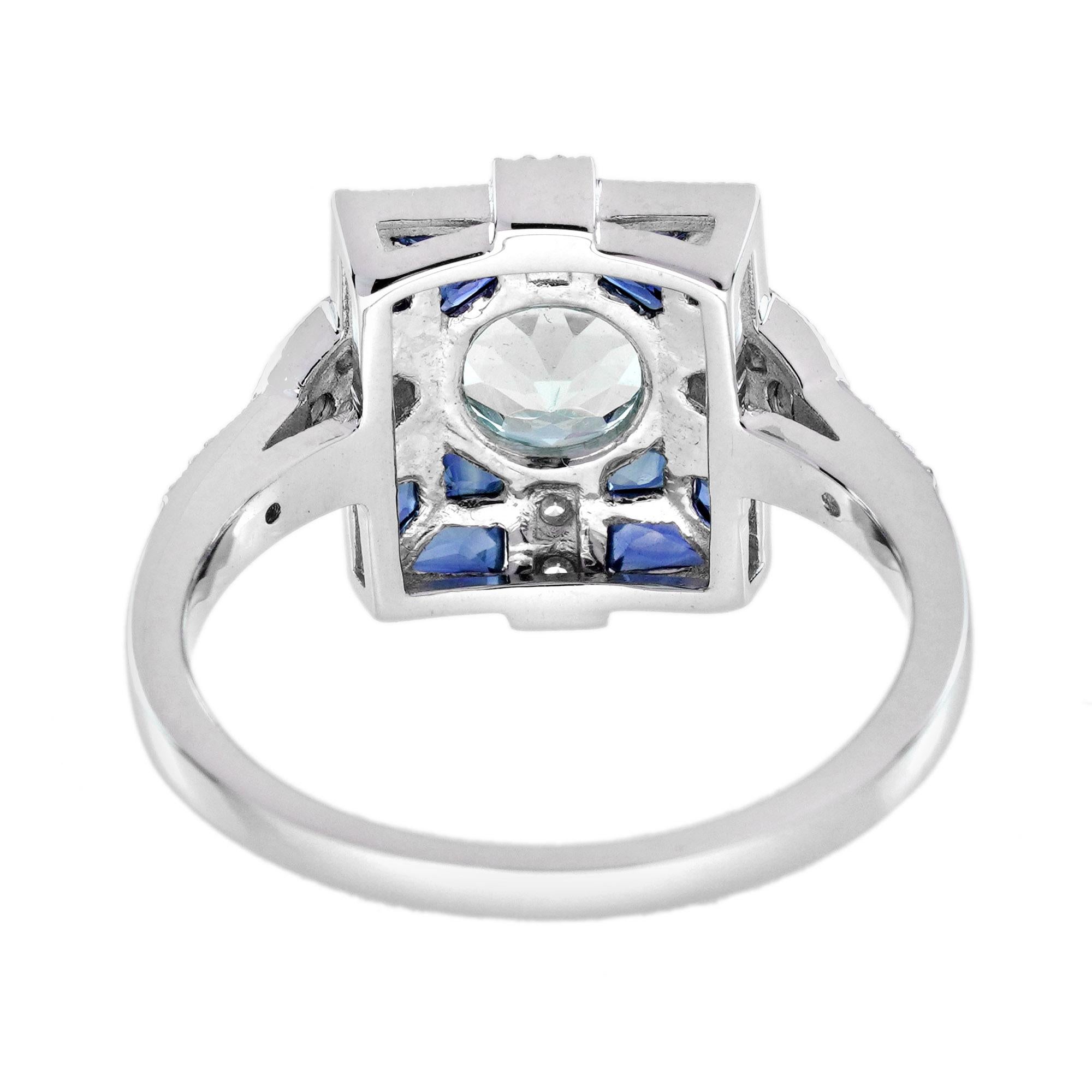 Women's Aquamarine Sapphire Diamond Art Deco Style Ring in 18K White Gold For Sale
