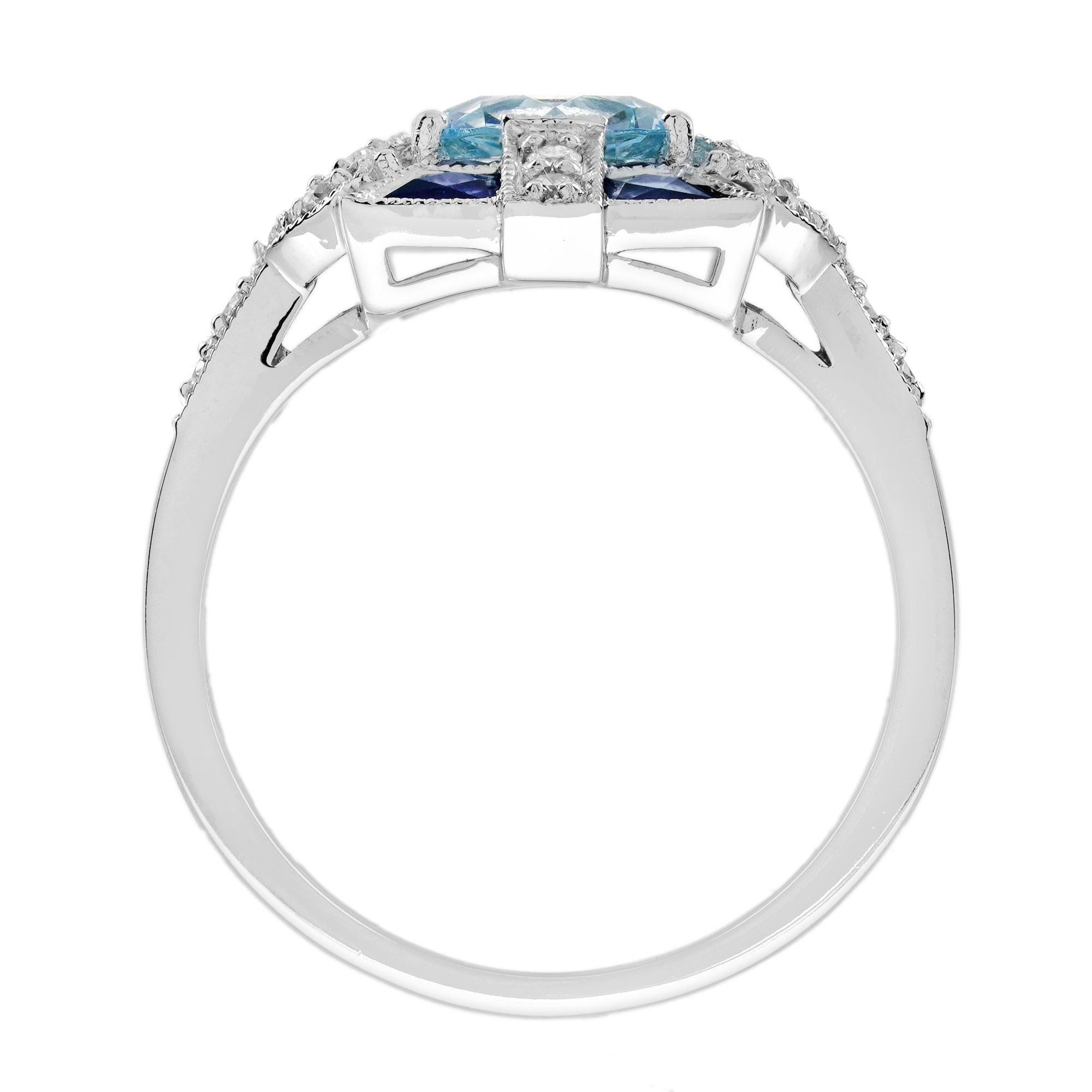 Aquamarine Sapphire Diamond Art Deco Style Ring in 18K White Gold For Sale 1