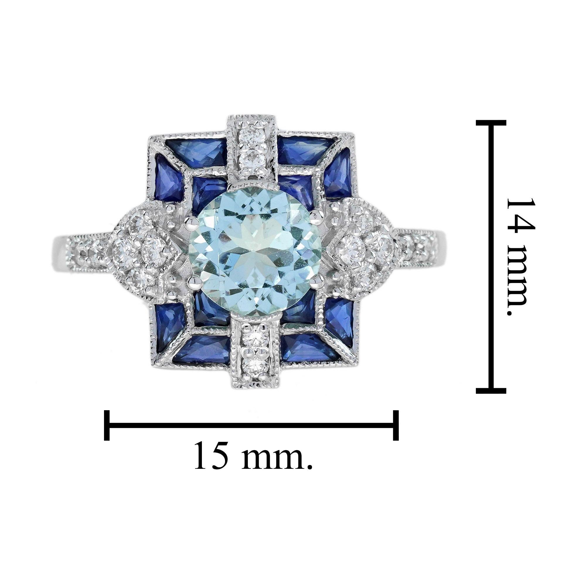 Aquamarine Sapphire Diamond Art Deco Style Ring in 18K White Gold For Sale 2