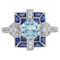 Aquamarine Sapphire Diamond Art Deco Style Ring in 18K White Gold