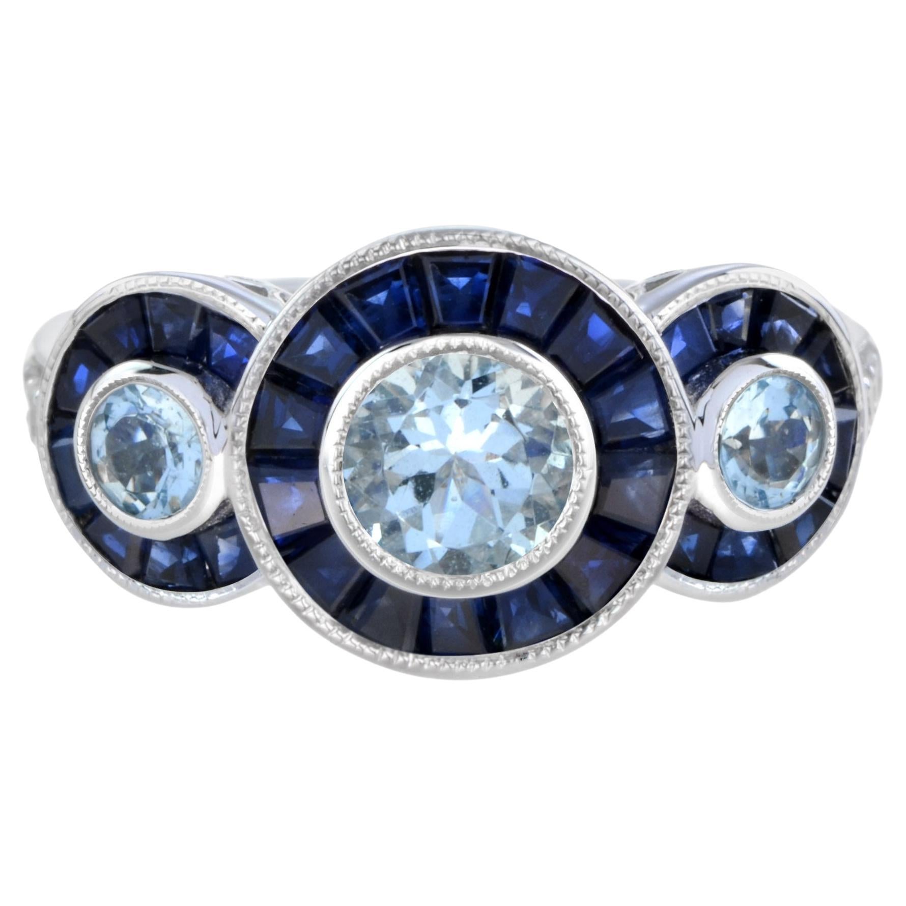 Aquamarine Sapphire Diamond Art Deco Style Three Stone Ring in 18k White Gold